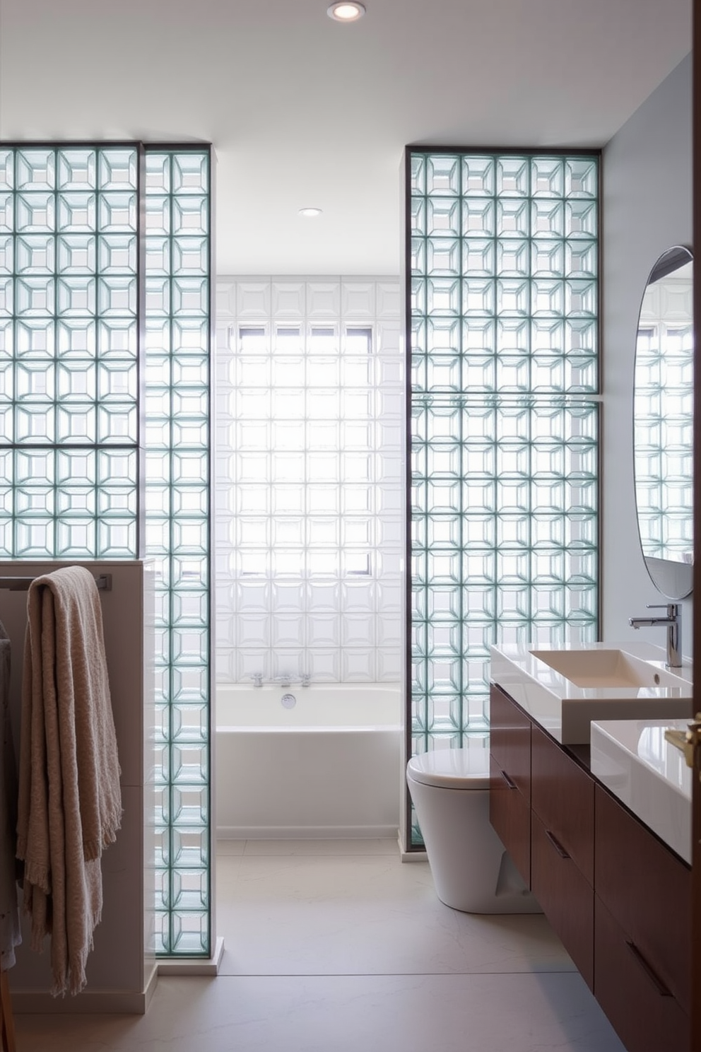 A contemporary bathroom design features glass block walls that provide both privacy and an abundance of natural light. The space is enhanced with sleek fixtures and a minimalist aesthetic, creating a serene and inviting atmosphere.