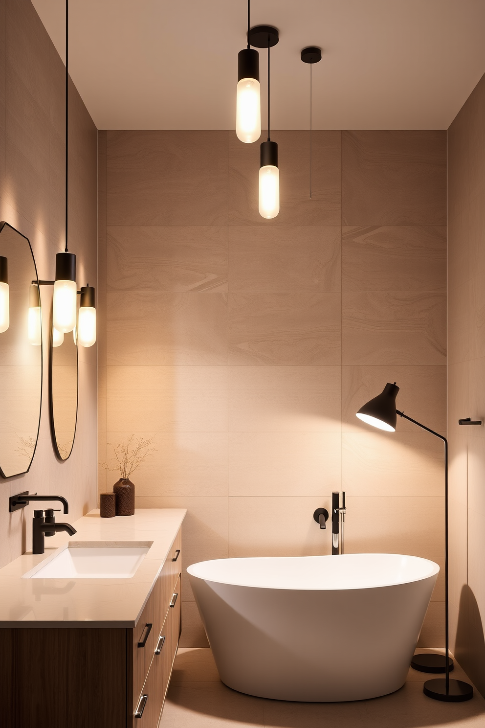 A contemporary bathroom featuring rainfall showerheads creates a luxurious spa-like atmosphere. The walls are adorned with large, textured tiles in soft earth tones, and the floor is a seamless blend of polished concrete and natural stone. A freestanding soaking tub is positioned near a large window, allowing natural light to flood the space. Elegant fixtures in brushed nickel complement the overall aesthetic, while lush greenery adds a touch of tranquility.