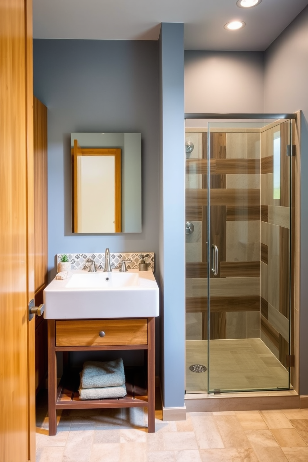 A contemporary bathroom designed with eco-friendly materials features bamboo cabinetry and a recycled glass countertop. The walls are adorned with low-VOC paint in a soft blue hue, complemented by a walk-in shower with reclaimed wood accents.