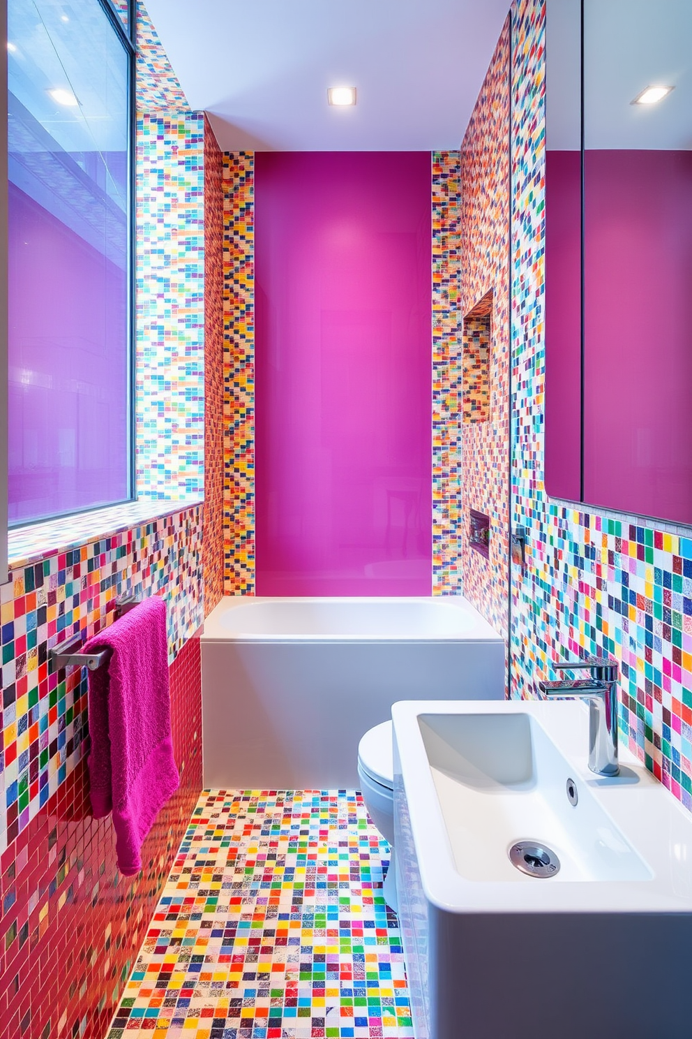 A contemporary bathroom featuring colorful mosaic tiles that create vibrant accents throughout the space. The walls are adorned with a mix of bright and bold colors while the sleek fixtures and modern lighting enhance the overall aesthetic.