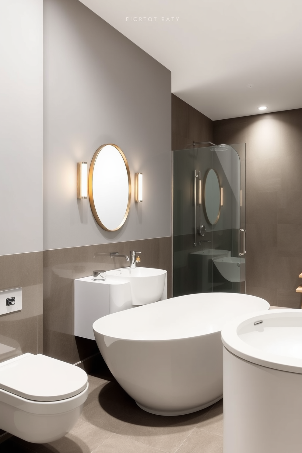 A contemporary bathroom featuring brushed metal fixtures that add a sleek and modern touch. The space includes a freestanding bathtub with a brushed metal faucet and a large walk-in shower with glass doors and brushed metal accents. The walls are adorned with large format tiles in a soft gray tone, creating a serene backdrop. A floating vanity with a brushed metal frame complements the overall design, topped with a white quartz countertop.