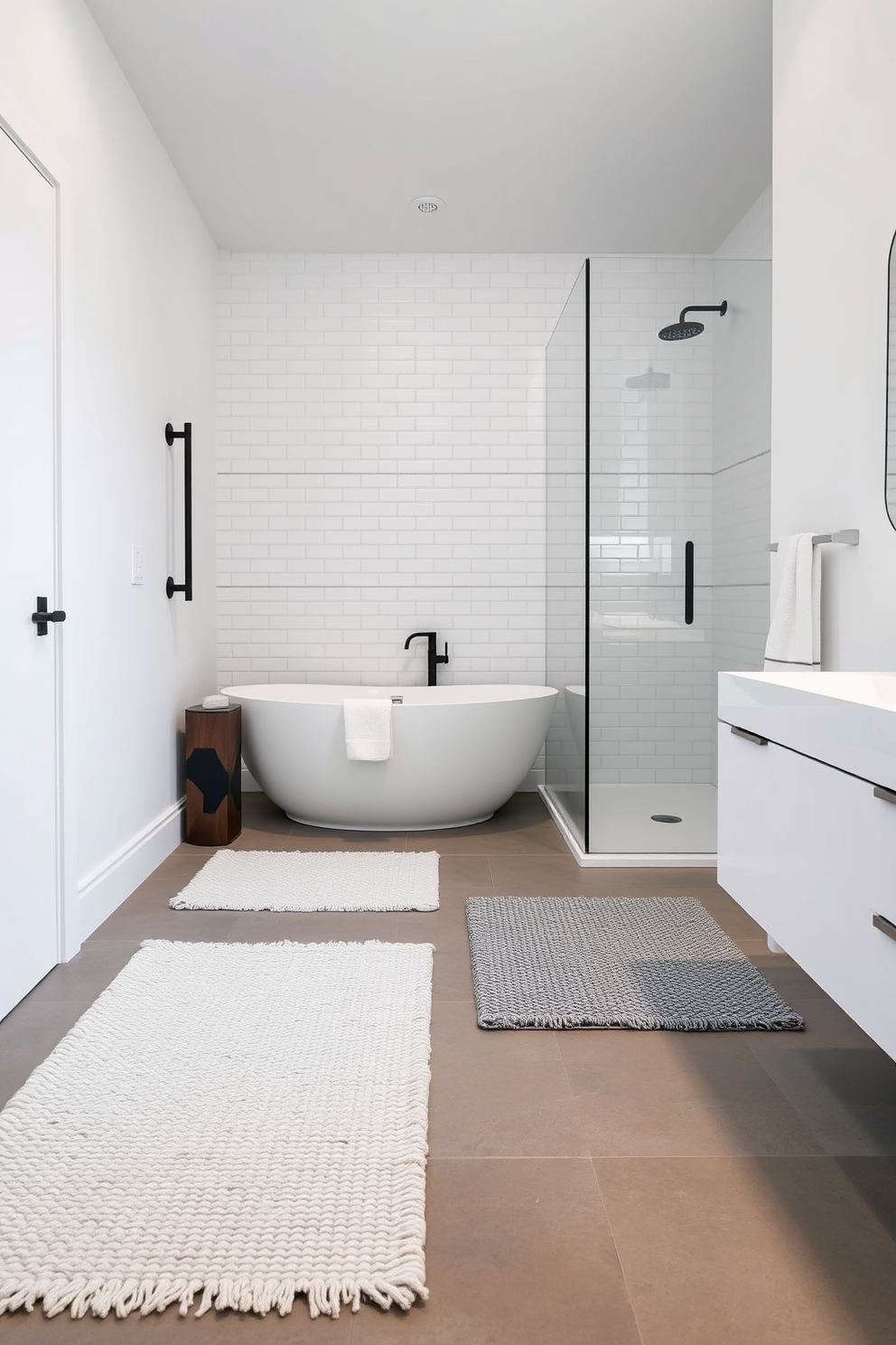 A contemporary bathroom design featuring textured rugs that soften the hard surfaces. The rugs are strategically placed underfoot, adding warmth and comfort to the sleek, modern aesthetic of the space. The bathroom showcases a minimalist color palette with crisp white walls and a large walk-in shower. Elegant fixtures in matte black contrast beautifully with the soft textures of the rugs, creating a harmonious balance in the design.