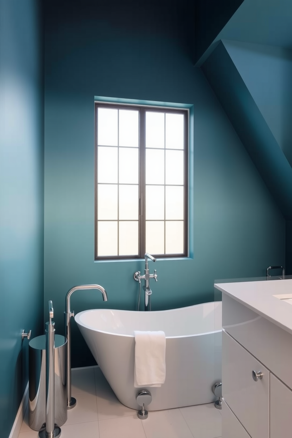 Sophisticated color gradients blend seamlessly across the walls of a contemporary bathroom. Shades of deep blue transition into soft teal, creating a calming atmosphere. The sleek fixtures feature polished chrome finishes that complement the elegant color palette. A freestanding bathtub sits gracefully beneath a large window, allowing natural light to enhance the space.