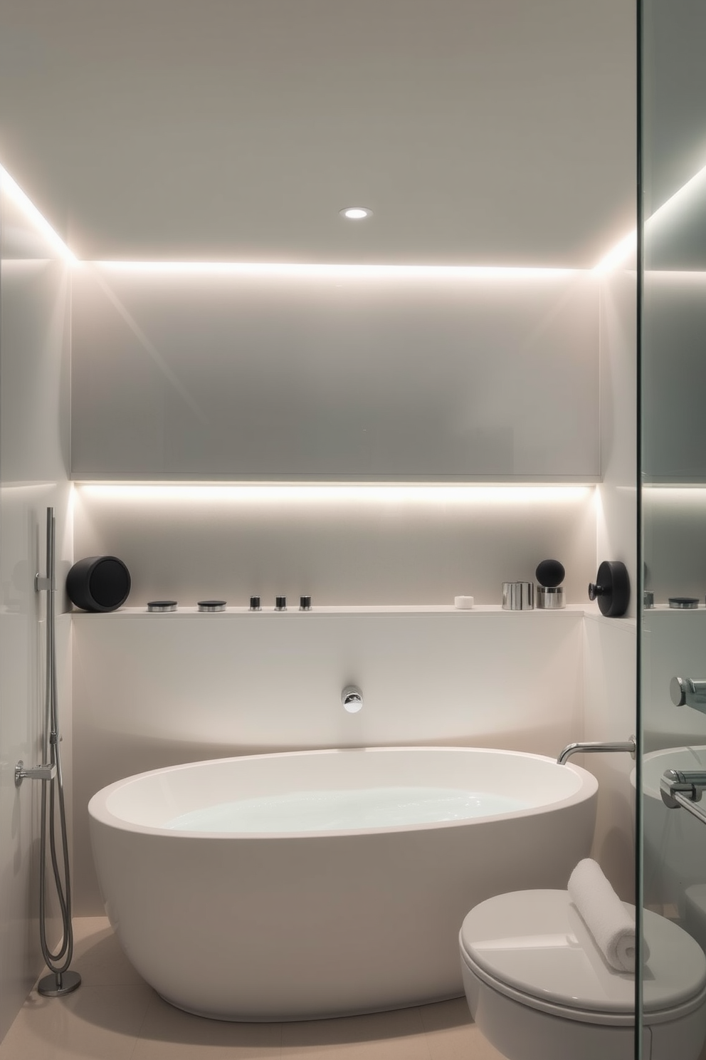 A contemporary bathroom design featuring an integrated sound system for relaxation. The space includes sleek fixtures and a minimalist aesthetic, with soft lighting creating a calming atmosphere.