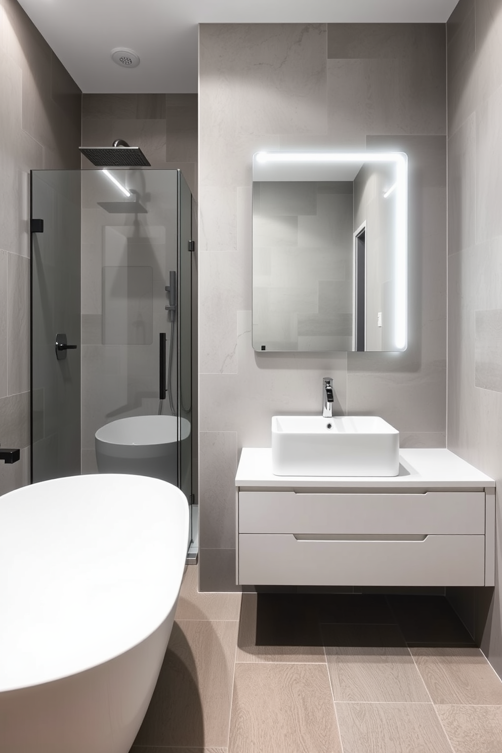 A contemporary bathroom featuring minimalist fixtures with geometric shapes. The space includes a sleek freestanding tub and a walk-in shower with frameless glass doors. The walls are adorned with large format tiles in a soft gray hue. A floating vanity with clean lines holds a simple rectangular sink and a large backlit mirror above it.