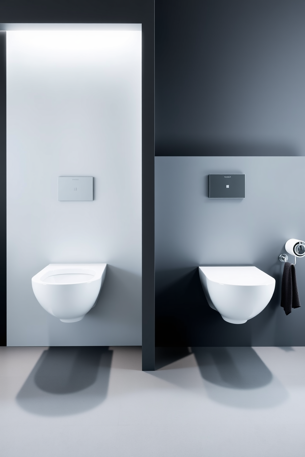 A contemporary bathroom design features wall-mounted toilets that create a sleek and modern appearance. The space is enhanced by minimalist fixtures and a clean color palette, emphasizing simplicity and elegance.