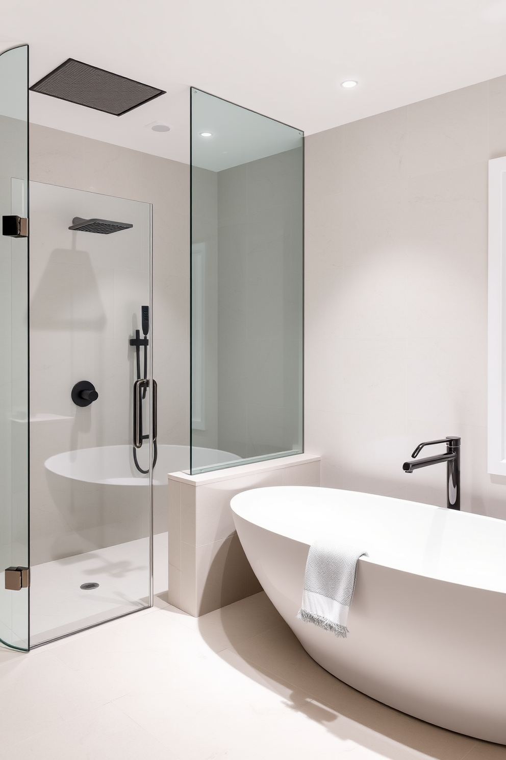 A contemporary bathroom design featuring a freestanding soaking tub as the focal point. The tub is elegantly positioned under a large window, allowing natural light to illuminate the space, with sleek tiles in soft gray tones adorning the walls. Surrounding the tub, there are minimalist wooden shelves displaying curated bath accessories and plants for a touch of greenery. The floor is finished with large format white tiles, creating a clean and spacious feel, while a stylish pendant light hangs above for added ambiance.