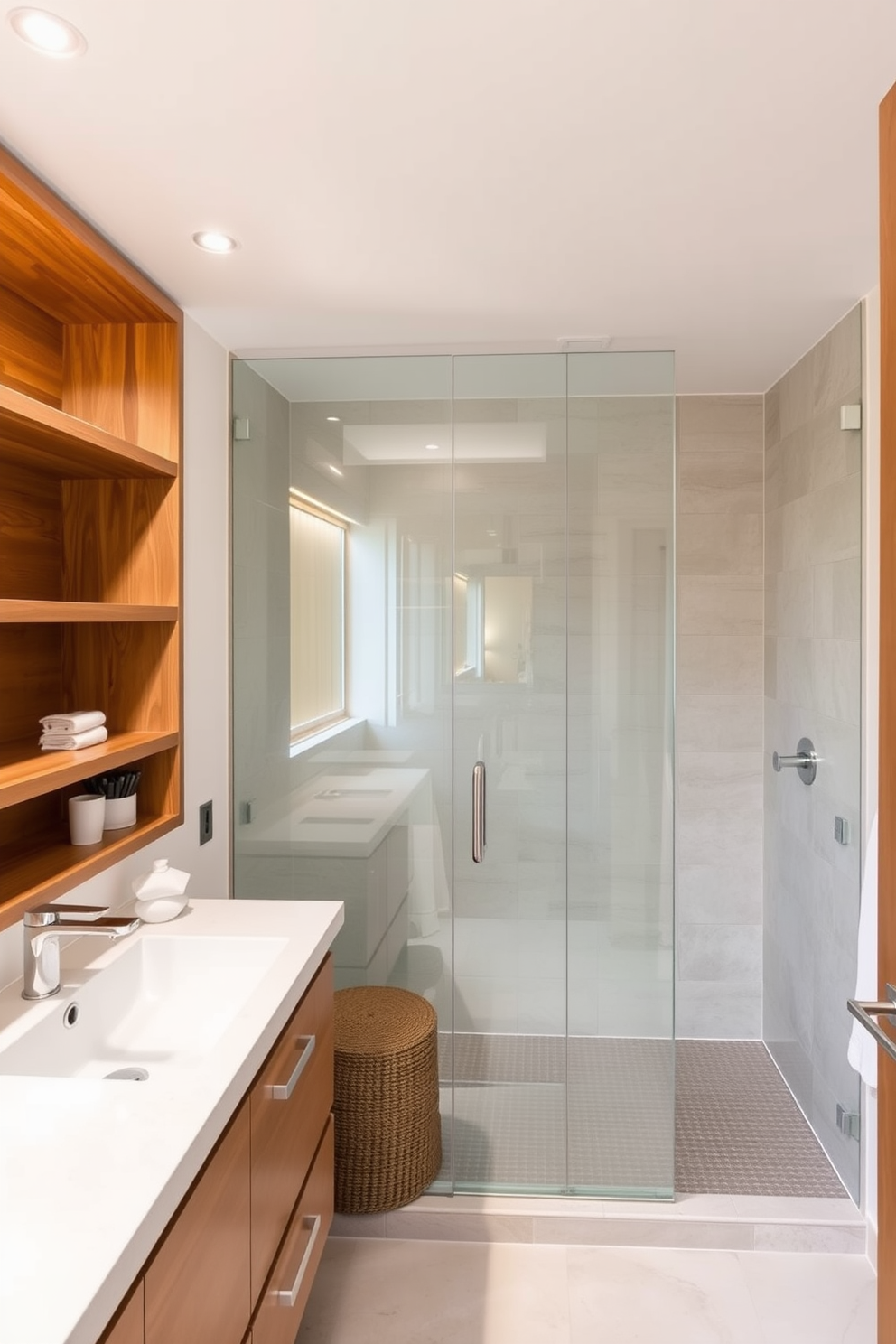 A contemporary bathroom featuring natural wood accents that add warmth and texture. The space includes sleek fixtures and a large walk-in shower with glass doors, complemented by wooden shelving for storage.