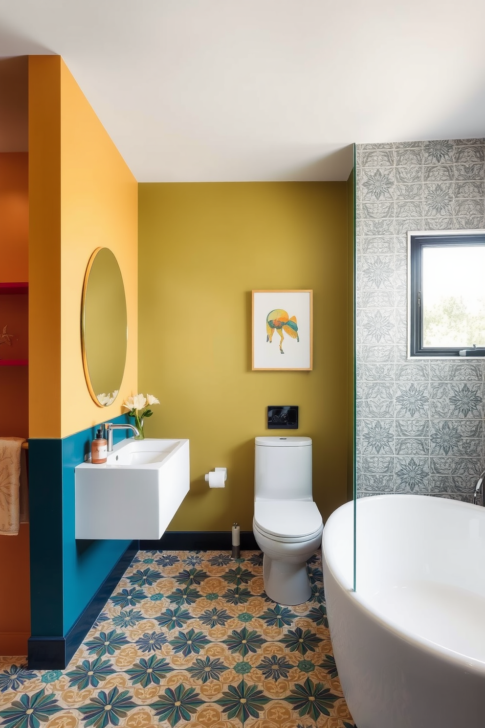 A contemporary bathroom featuring bold accent walls adorned with vibrant colors. The floor is covered with striking patterned tiles that complement the overall design.