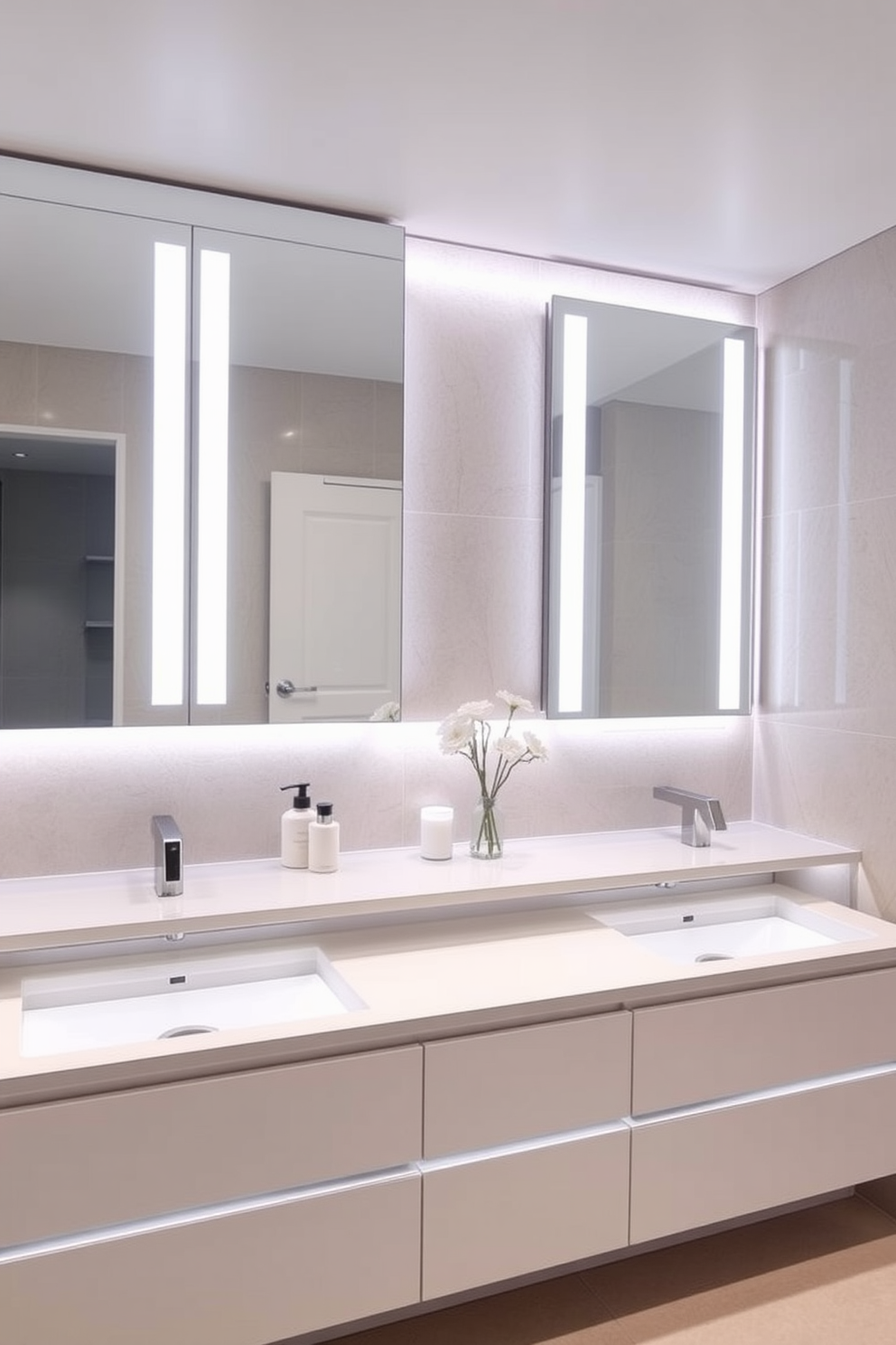 A contemporary bathroom featuring a monochromatic color scheme that exudes elegance. The walls are painted in a soft gray tone, complemented by sleek black fixtures and a minimalist white bathtub. The vanity is a streamlined design in matching gray with a polished white countertop. Large format tiles in varying shades of gray cover the floor, creating a cohesive and sophisticated look.