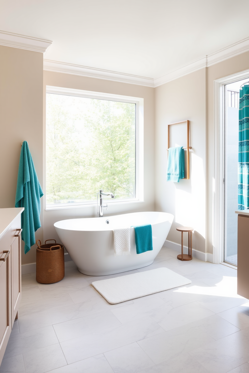 A contemporary bathroom features a neutral color palette with soft beige walls and a light gray tile floor. Accents of vibrant teal are introduced through decorative towels and a stylish shower curtain. The centerpiece is a sleek freestanding bathtub surrounded by minimalistic decor. A large window allows natural light to flood the space, enhancing the fresh and airy atmosphere.