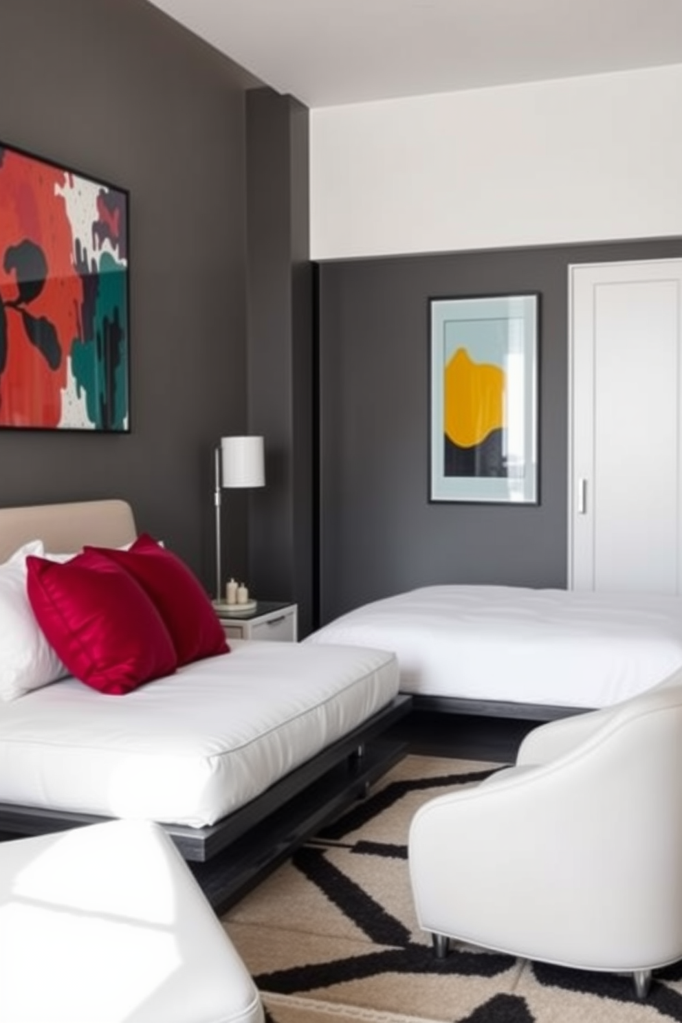 A contemporary bedroom features minimalist furniture with sleek lines and a neutral color palette. Bold accents such as a vibrant artwork above the bed and a striking geometric rug add a pop of color and personality to the space.