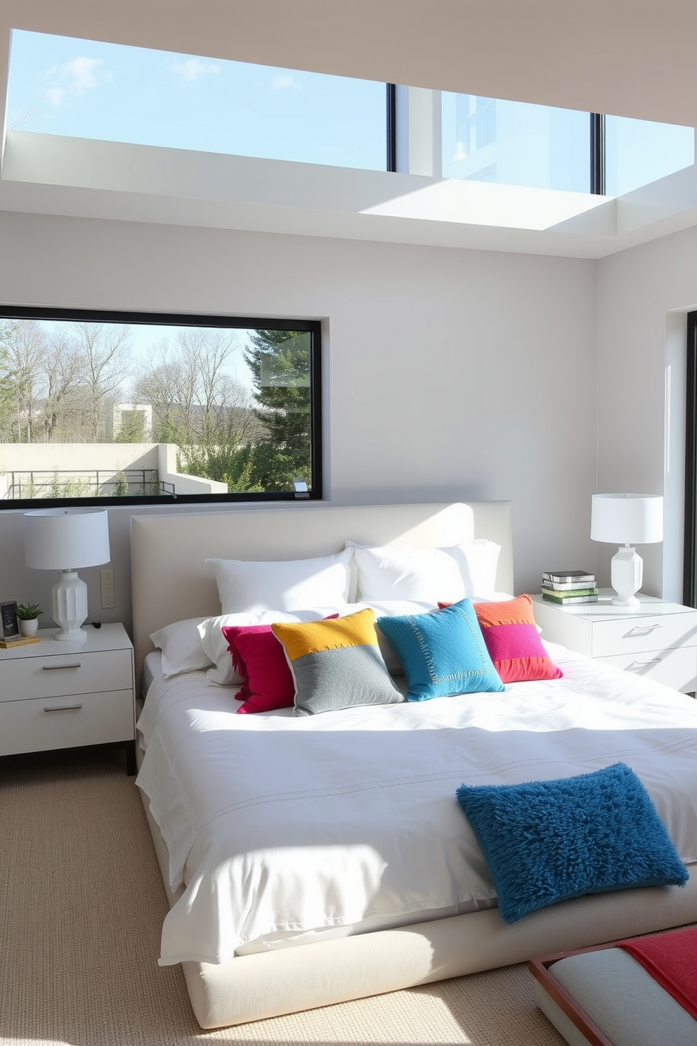 A contemporary bedroom featuring a neutral color palette that creates a serene atmosphere. The space is adorned with vibrant throw pillows in various textures, adding a pop of color to the minimalist design. The bed is the focal point, dressed in crisp white linens and flanked by sleek nightstands. Large windows allow natural light to flood the room, enhancing the airy feel of the space.