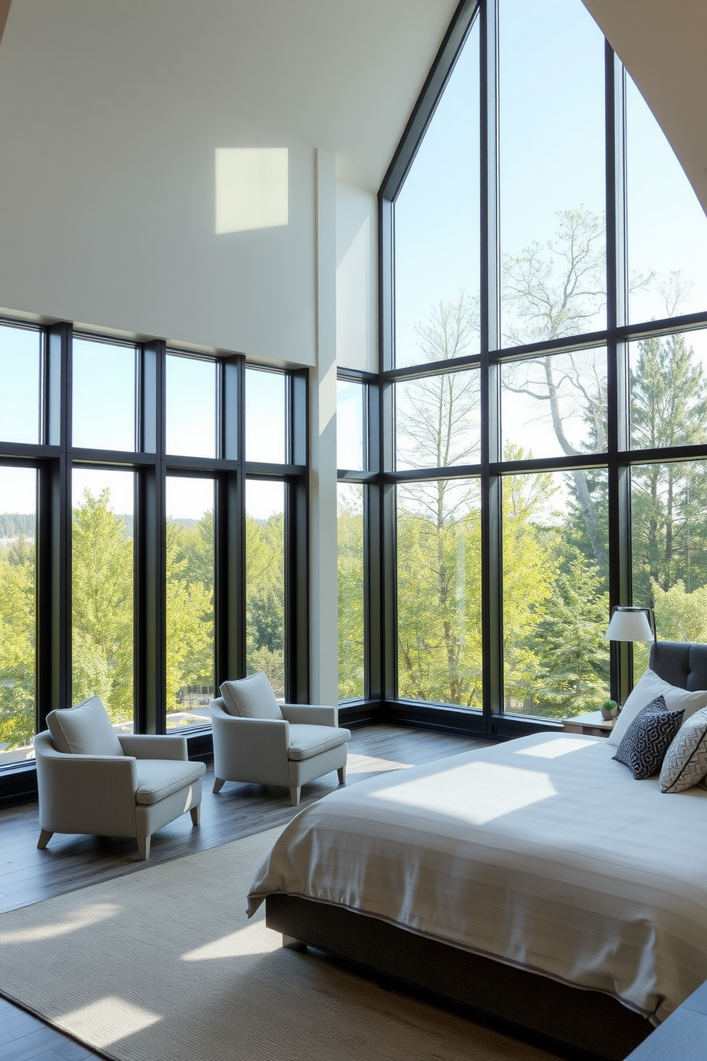 A contemporary bedroom featuring a plush textured rug that adds warmth and depth to the space. The room is adorned with sleek furniture, including a low-profile bed with crisp linens and modern bedside tables. Soft ambient lighting creates a relaxing atmosphere, complemented by large windows that let in natural light. The walls are painted in a soothing neutral tone, enhancing the overall serene vibe of the bedroom.