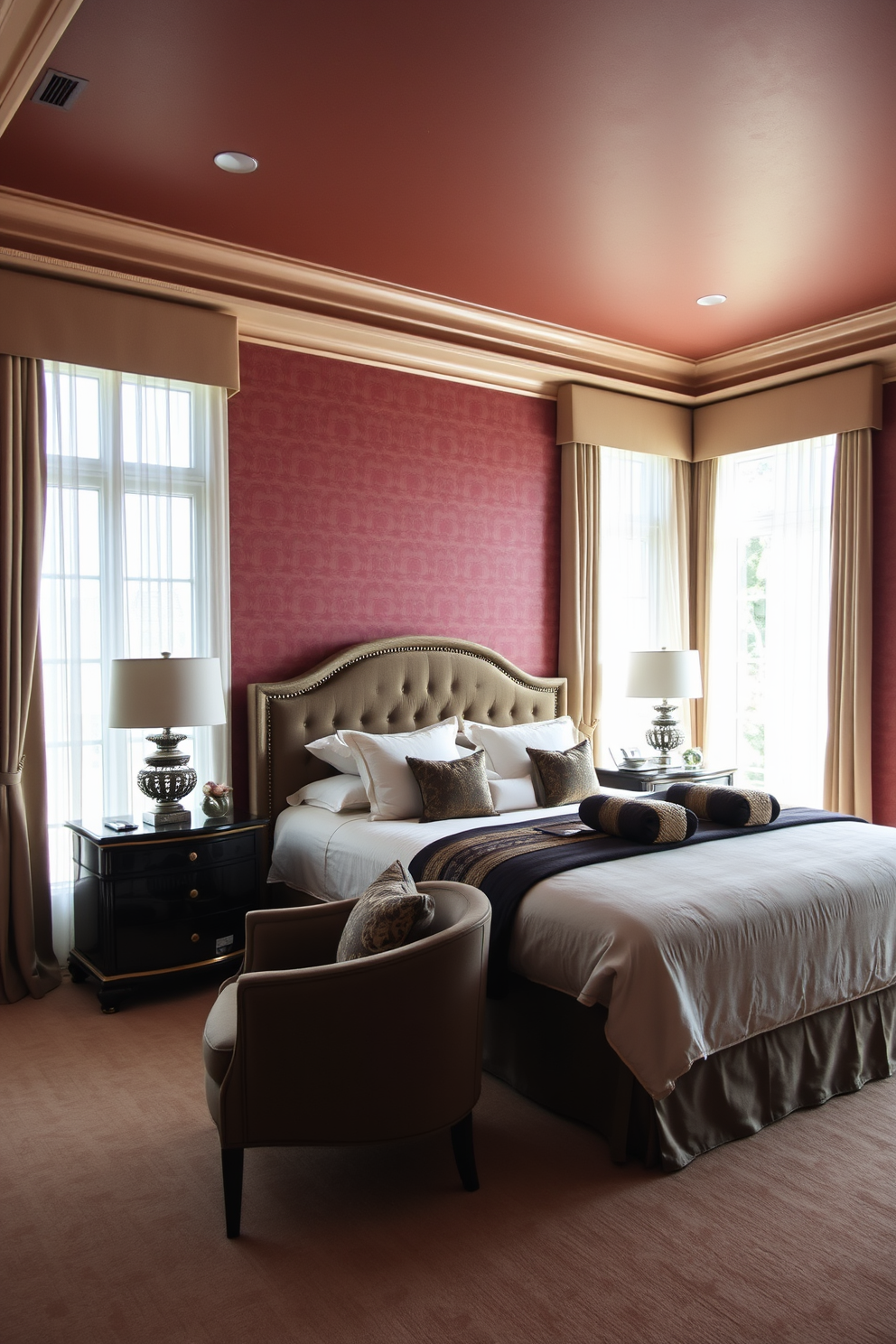 A contemporary bedroom with large windows allowing ample natural light to flood the space. The room features a king-sized bed with a sleek upholstered headboard and crisp white linens, complemented by minimalist nightstands on either side. A cozy reading nook is situated by the window, adorned with a plush armchair and a small side table. The walls are painted in a soft gray hue, while a geometric area rug adds warmth to the hardwood floor.