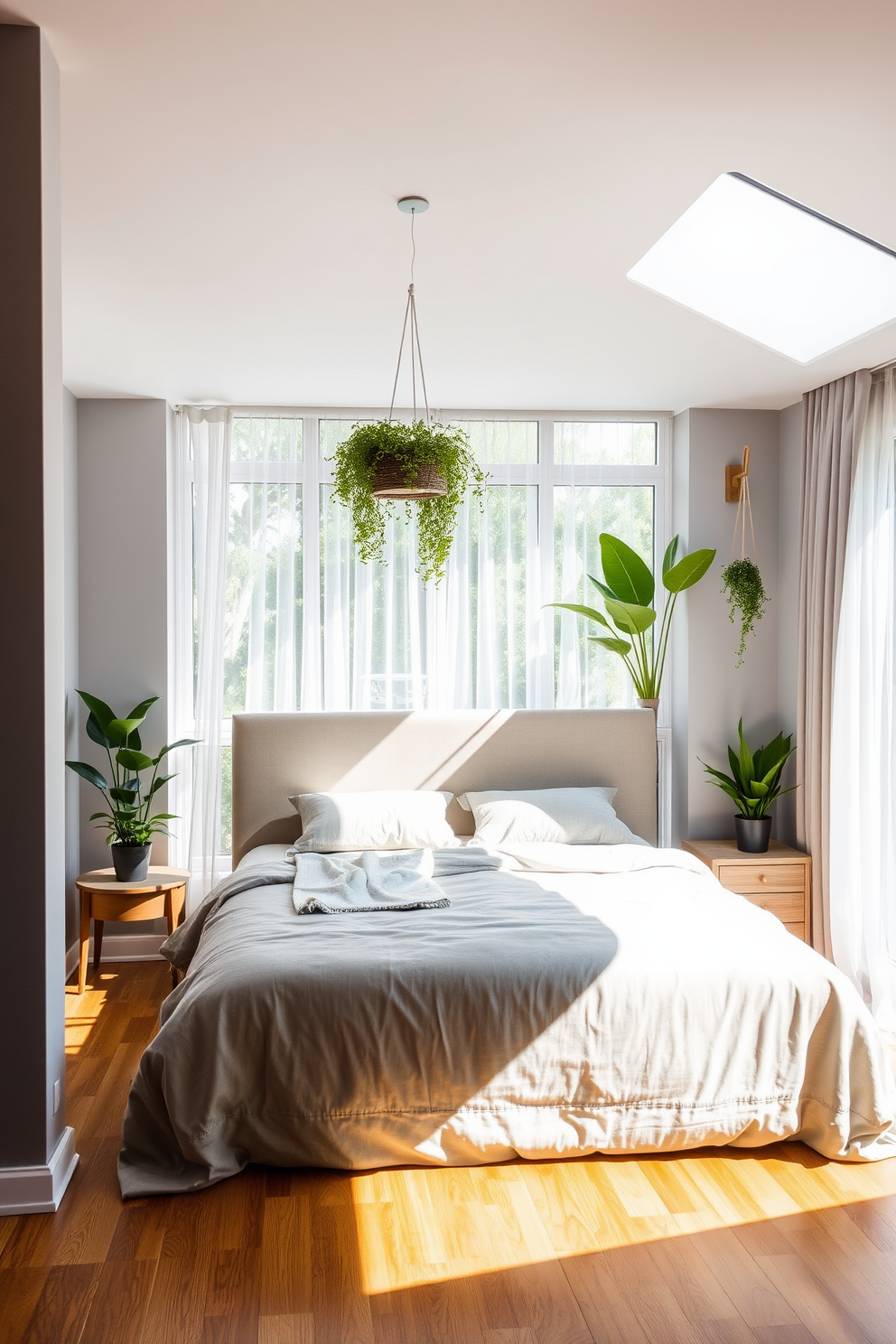 A contemporary bedroom filled with natural light. A large window with sheer curtains allows sunlight to illuminate the room, highlighting a plush bed with a sleek headboard. Greenery is strategically placed around the space, including potted plants on either side of the bed and a hanging plant above the nightstand. The walls are painted in a soft gray, and the floor features warm wooden tones, creating a cozy yet modern atmosphere.