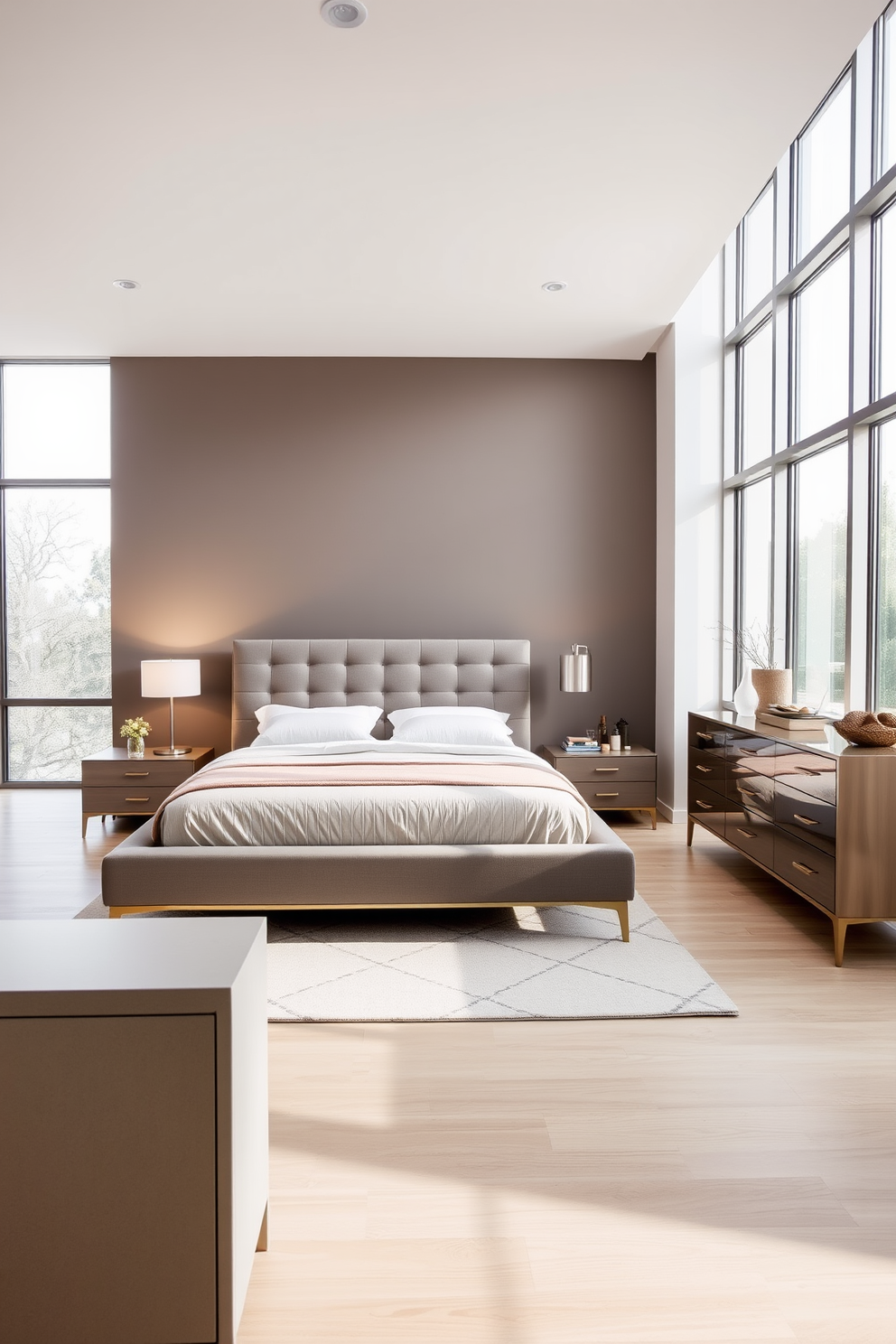 A contemporary bedroom featuring a sleek platform bed with a tufted headboard. The space incorporates mixed metals through bedside lamps and decorative accents, creating a modern and stylish atmosphere. Large windows allow natural light to flood the room, highlighting the soft neutral color palette of the walls and bedding. A geometric area rug anchors the space, while a minimalist dresser adds functionality without compromising the aesthetic.