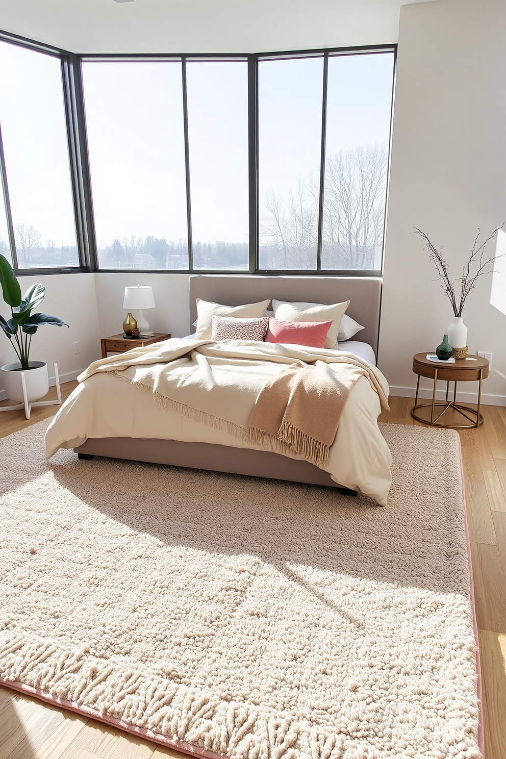 A contemporary bedroom featuring a large textured rug that adds warmth and comfort to the space. The bed is adorned with plush pillows and a soft throw blanket, creating an inviting atmosphere. The walls are painted in a soft neutral tone, complementing the modern furniture. Large windows allow natural light to flood the room, enhancing the overall serene ambiance.