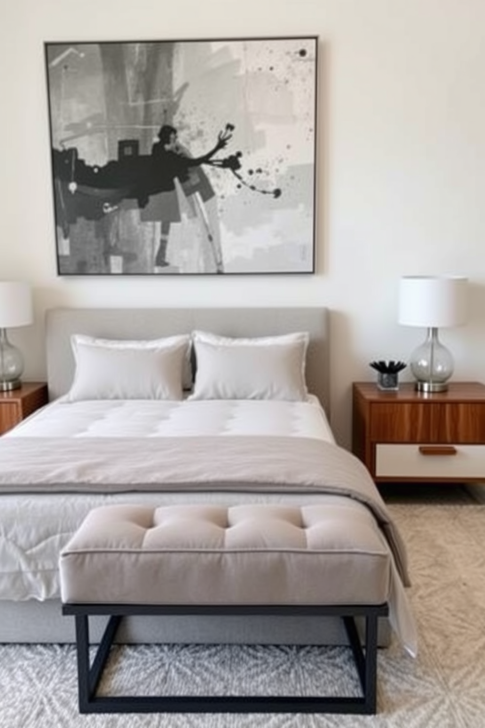 A contemporary bedroom featuring an open concept layout that emphasizes spaciousness and light. The room includes a king-sized bed with a plush headboard, flanked by sleek nightstands with modern lamps. Large windows allow natural light to flood the space, highlighting the neutral color palette of soft grays and whites. A cozy seating area with stylish chairs and a small coffee table is positioned near the windows, creating an inviting nook for relaxation.