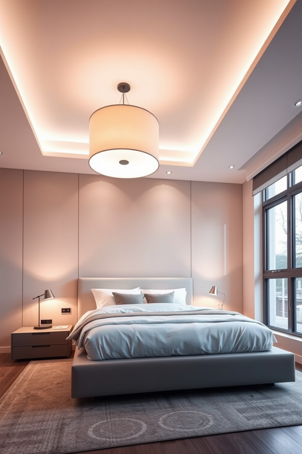 A contemporary bedroom featuring layered lighting that enhances both ambiance and functionality. The room is adorned with a sleek platform bed dressed in crisp white linens, complemented by bedside tables with modern lamps that provide warm light. Recessed lighting in the ceiling creates a soft glow, while a stylish pendant light hangs above the bed as a focal point. Natural light streams through large windows, accentuating the minimalist decor and creating an inviting atmosphere.