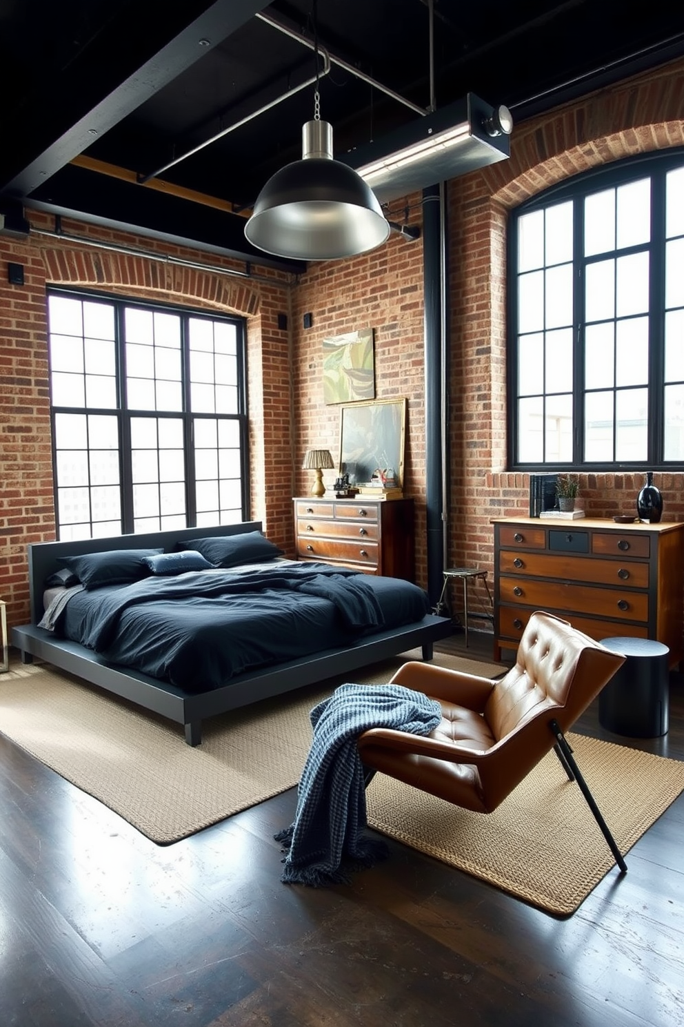 A contemporary bedroom featuring industrial elements with exposed brick walls and metal accents. The bed is a sleek platform style with dark bedding, and large windows allow natural light to flood the space. A statement pendant light made of metal hangs above the bed, while a vintage wooden dresser adds warmth. A cozy reading nook with a leather chair and a small side table completes the edgy yet inviting atmosphere.