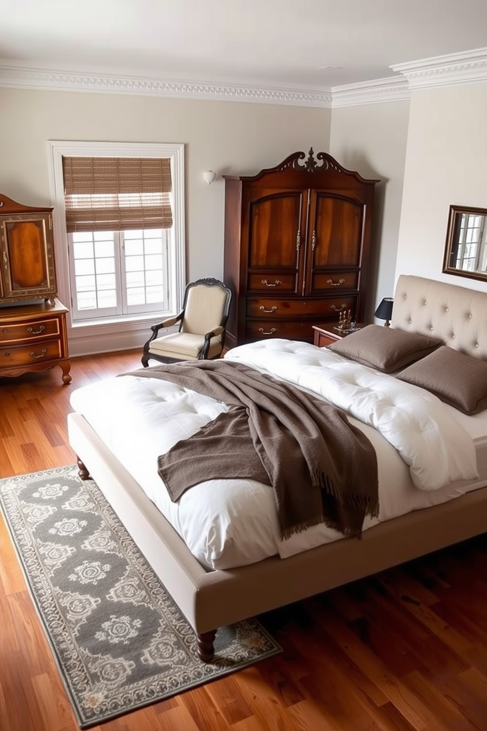 A contemporary bedroom featuring metallic finishes that add a modern edge. The bed is dressed in crisp white linens with metallic accent pillows, and a sleek bedside table showcases a stylish lamp with a metallic base. The walls are painted in a soft gray, complemented by a large abstract artwork that incorporates hints of gold and silver. A plush area rug with geometric patterns in neutral tones anchors the space, while a floor-to-ceiling window allows natural light to flood the room.