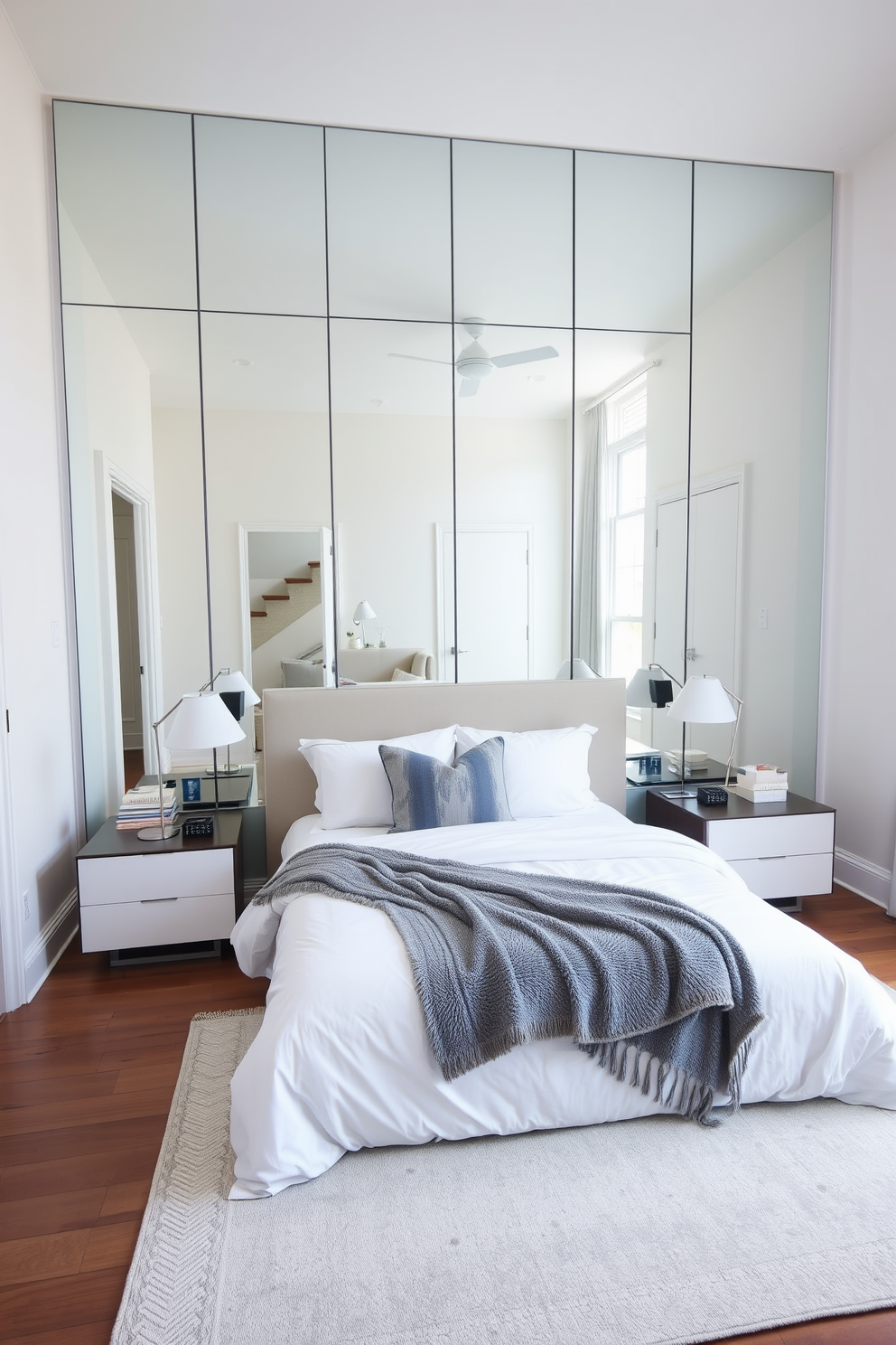 A contemporary bedroom featuring a wall of large mirrors that reflect natural light and create an illusion of more space. The bed is dressed in crisp white linens with a plush gray throw blanket, and a sleek nightstand on either side holds modern lamps. The color palette includes soft pastels and neutral tones, enhancing the airy feel of the room. A stylish area rug lies beneath the bed, adding warmth and texture to the polished wooden floor.