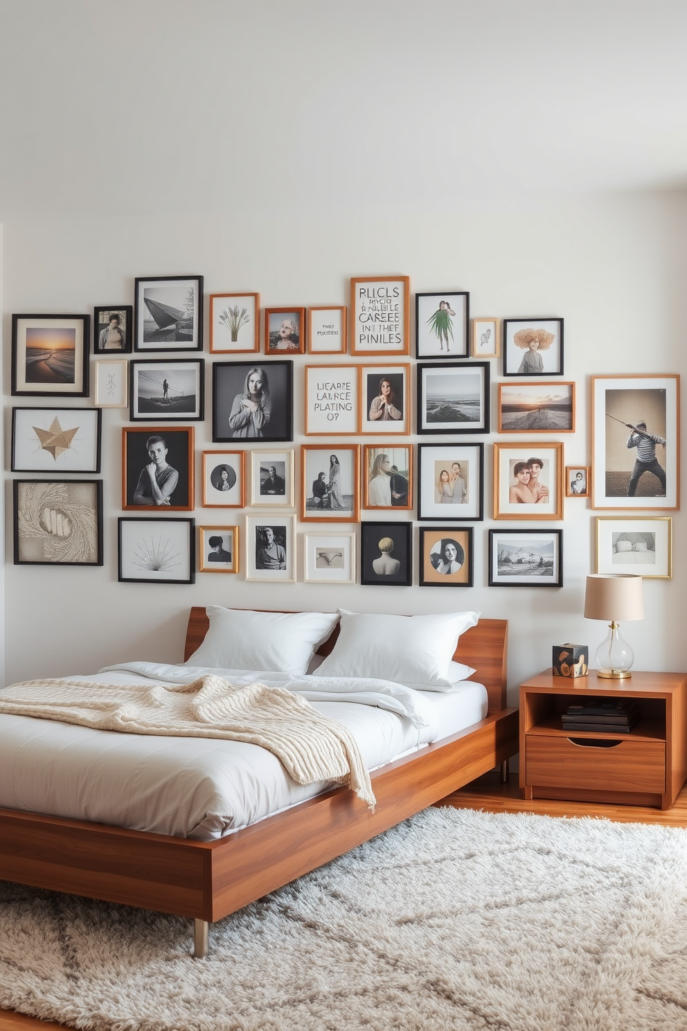 A personalized gallery wall features an eclectic mix of framed artwork and photographs that reflect the occupant's personality and interests. The wall is adorned with a variety of textures and colors, creating a visually engaging focal point in the contemporary bedroom. The bedroom design incorporates sleek furniture with clean lines, including a low-profile bed and minimalist nightstands. Soft, neutral bedding complements the warm wood tones of the furniture, while a plush area rug adds comfort underfoot.