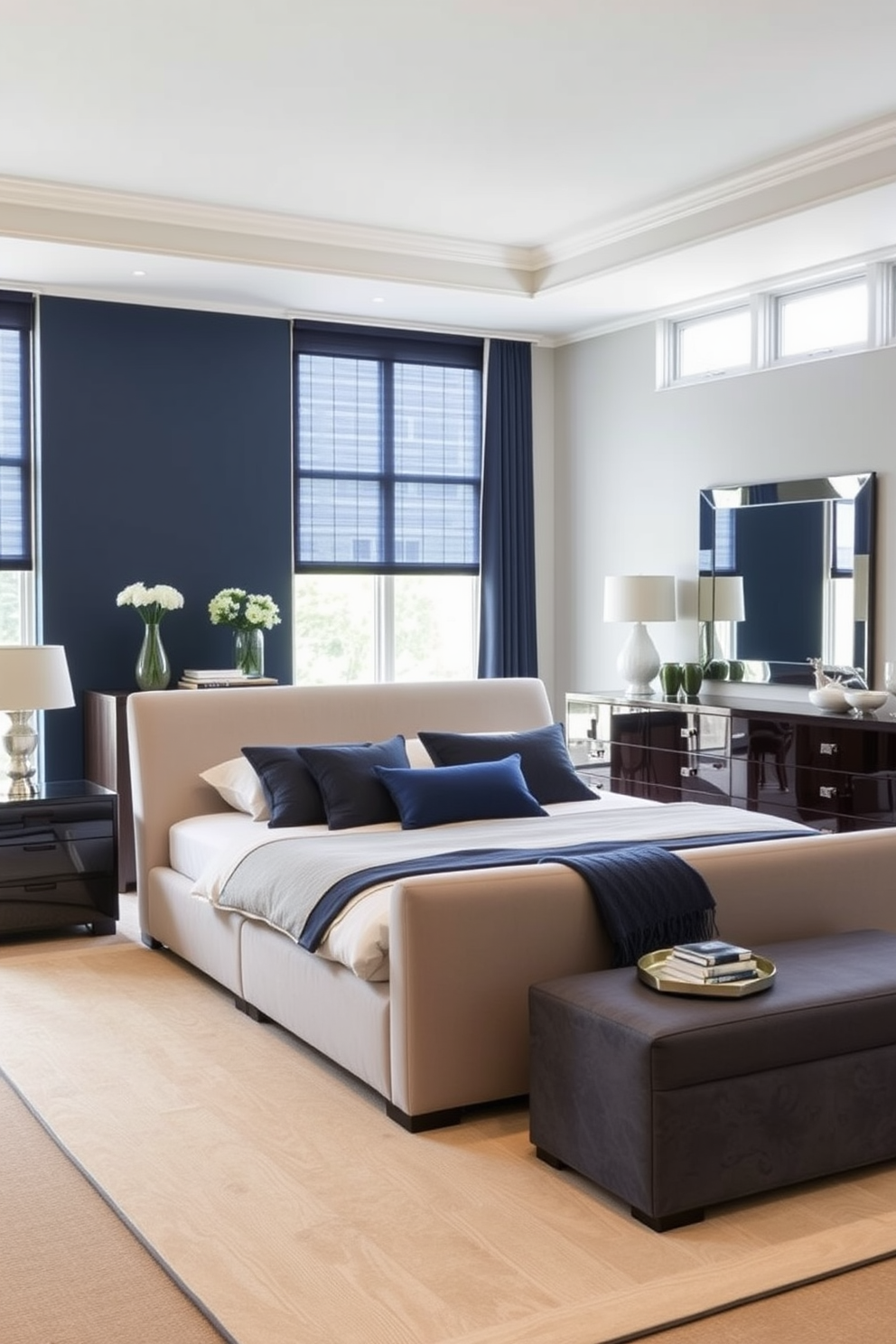 A contemporary bedroom featuring bespoke furniture tailored to the space. The bed is upholstered in a soft fabric with an elegant headboard, complemented by matching nightstands on either side. A sleek dresser with clean lines sits against one wall, adorned with a statement mirror above it. The color palette includes calming neutrals with pops of deep blue, and large windows allow natural light to fill the room.