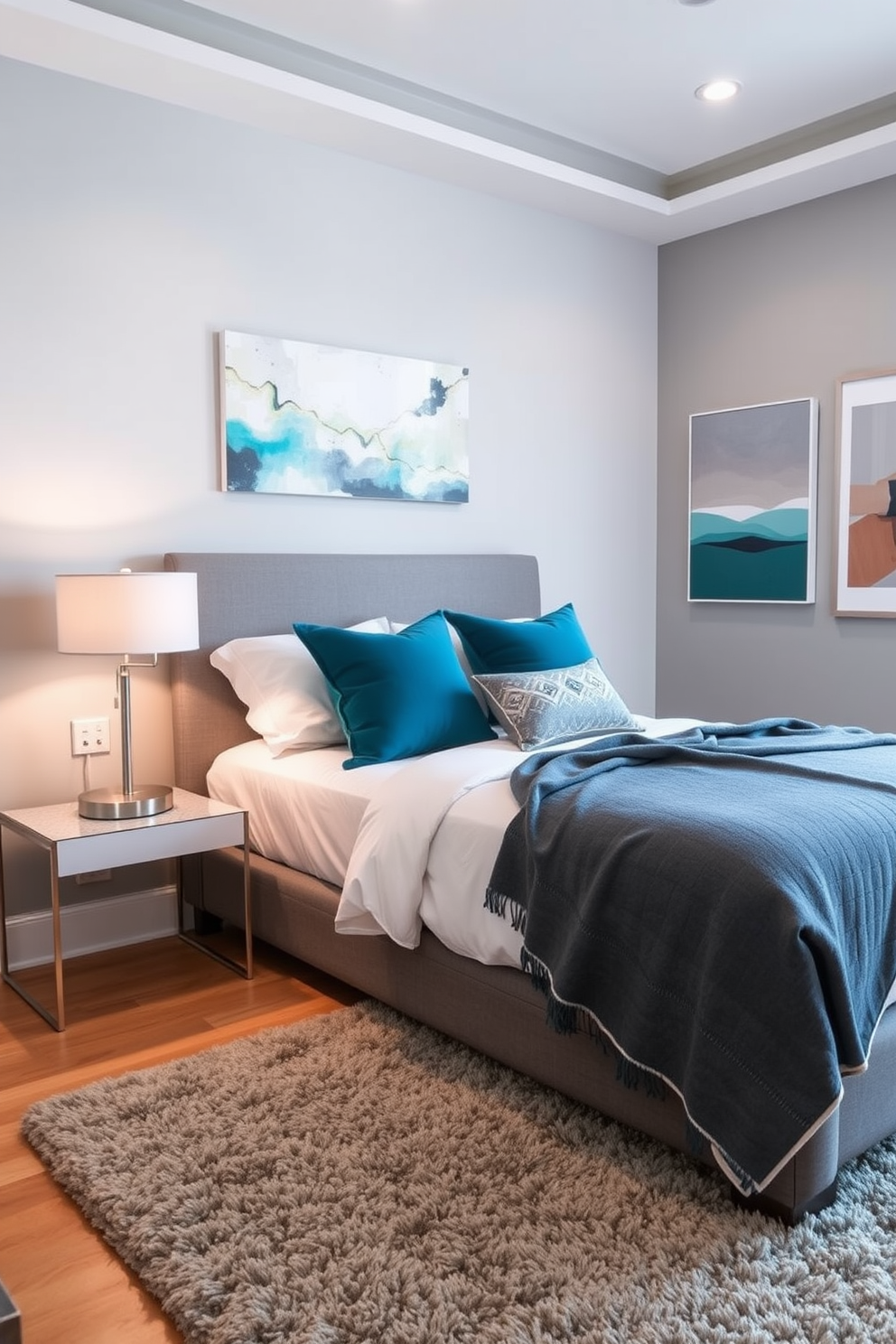 A contemporary bedroom filled with layered textiles creating a cozy ambiance. The bed is adorned with plush pillows and a soft throw blanket, while a stylish area rug anchors the space.