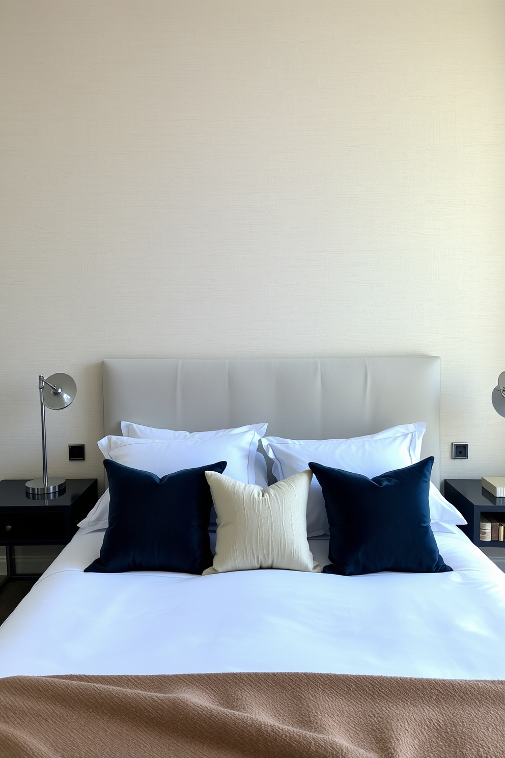 A contemporary bedroom featuring a large wall-mounted mirror that reflects natural light and makes the room feel more spacious. The bed is dressed in luxurious bedding with a subtle geometric pattern, and two sleek nightstands flank each side, adorned with modern lamps. The room has a neutral color palette with pops of color from accent pillows and artwork. A plush area rug lies beneath the bed, adding warmth and texture to the hardwood floor.