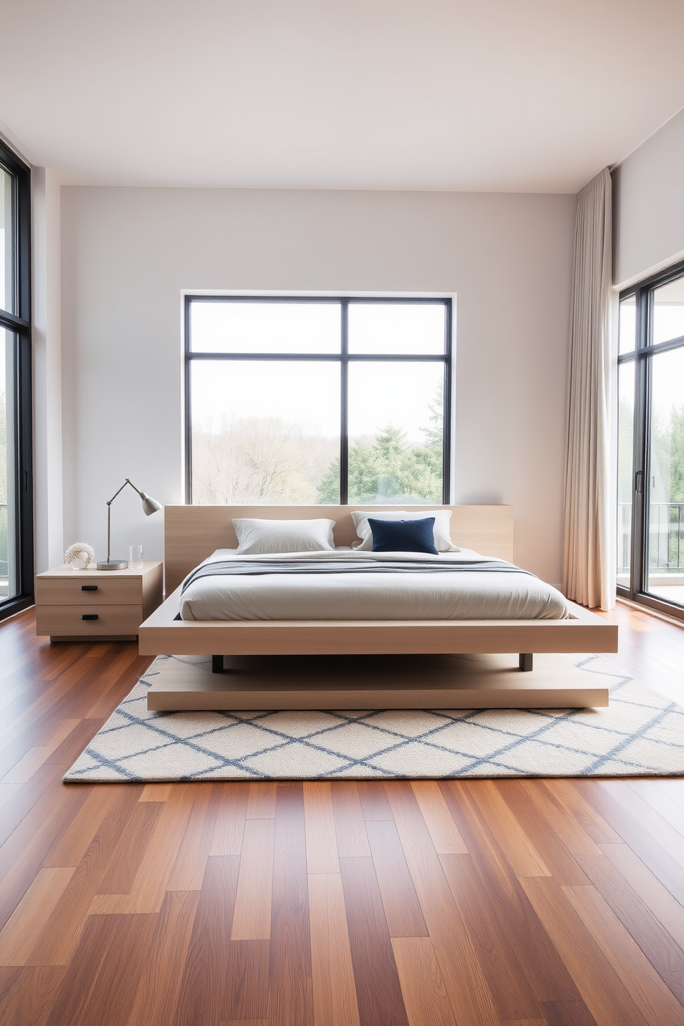 A sleek platform bed with built-in storage is the centerpiece of this contemporary bedroom. The bed features clean lines and a minimalist design, complemented by soft bedding in neutral tones. A stylish nightstand with a modern lamp sits on one side of the bed, while a geometric rug adds warmth to the hardwood floor. Large windows allow natural light to flood the space, enhancing the airy and open feel of the room.