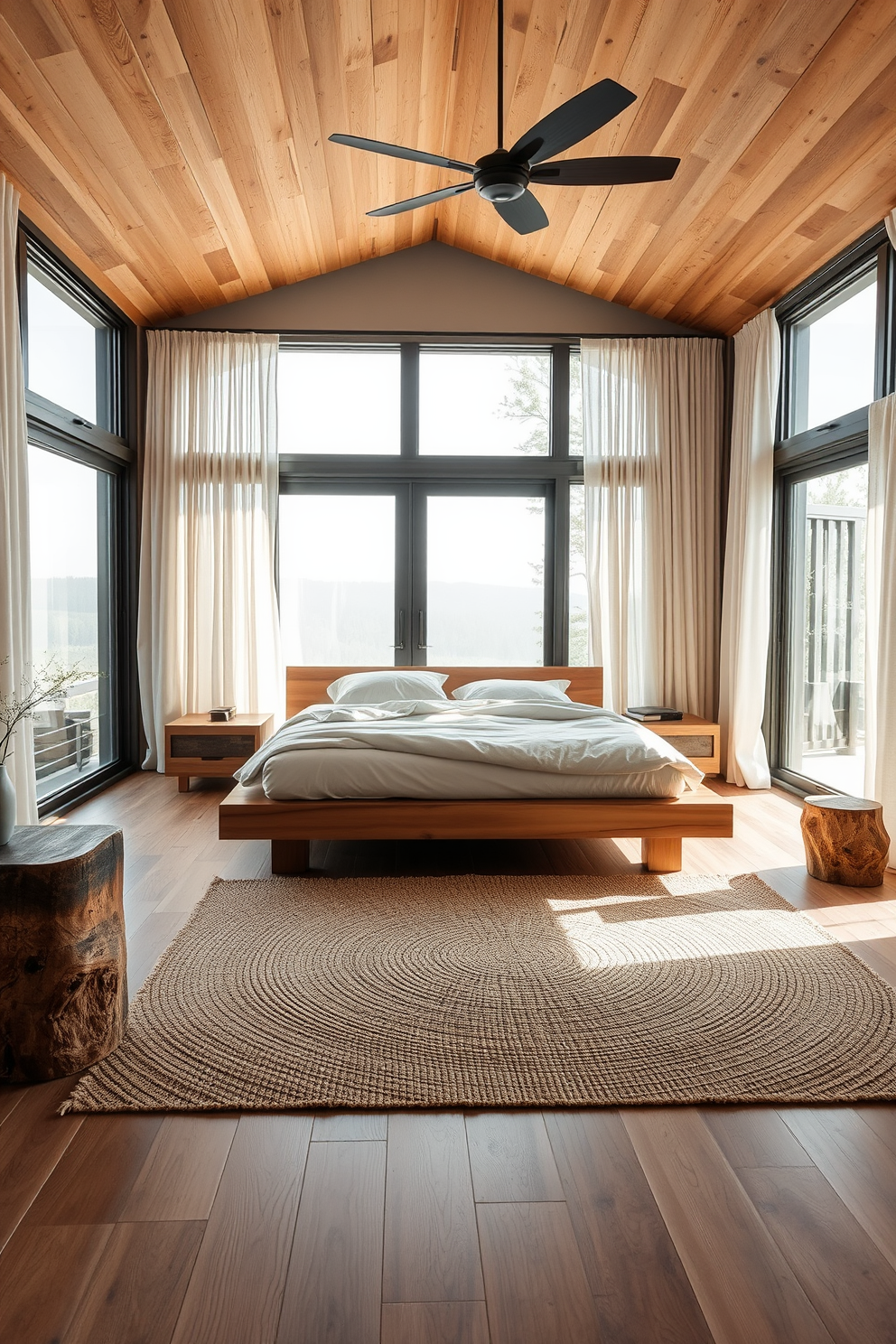 A serene contemporary bedroom featuring natural materials that promote a calming atmosphere. The room includes a large platform bed with a wooden frame and soft linen bedding in neutral tones. Floor-to-ceiling windows allow natural light to flood the space, framed by sheer curtains that gently sway with the breeze. A woven area rug in earthy tones anchors the room, complemented by bedside tables made of reclaimed wood.