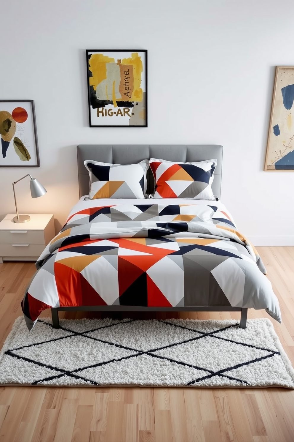 A contemporary bedroom featuring geometric patterns in the bedding and decor. The bed is dressed in a bold geometric duvet cover with matching pillows, while the walls are adorned with abstract art that complements the bedding. A sleek nightstand with a minimalist lamp sits on either side of the bed. The flooring is a light wood, and a plush area rug with geometric designs adds warmth to the space.