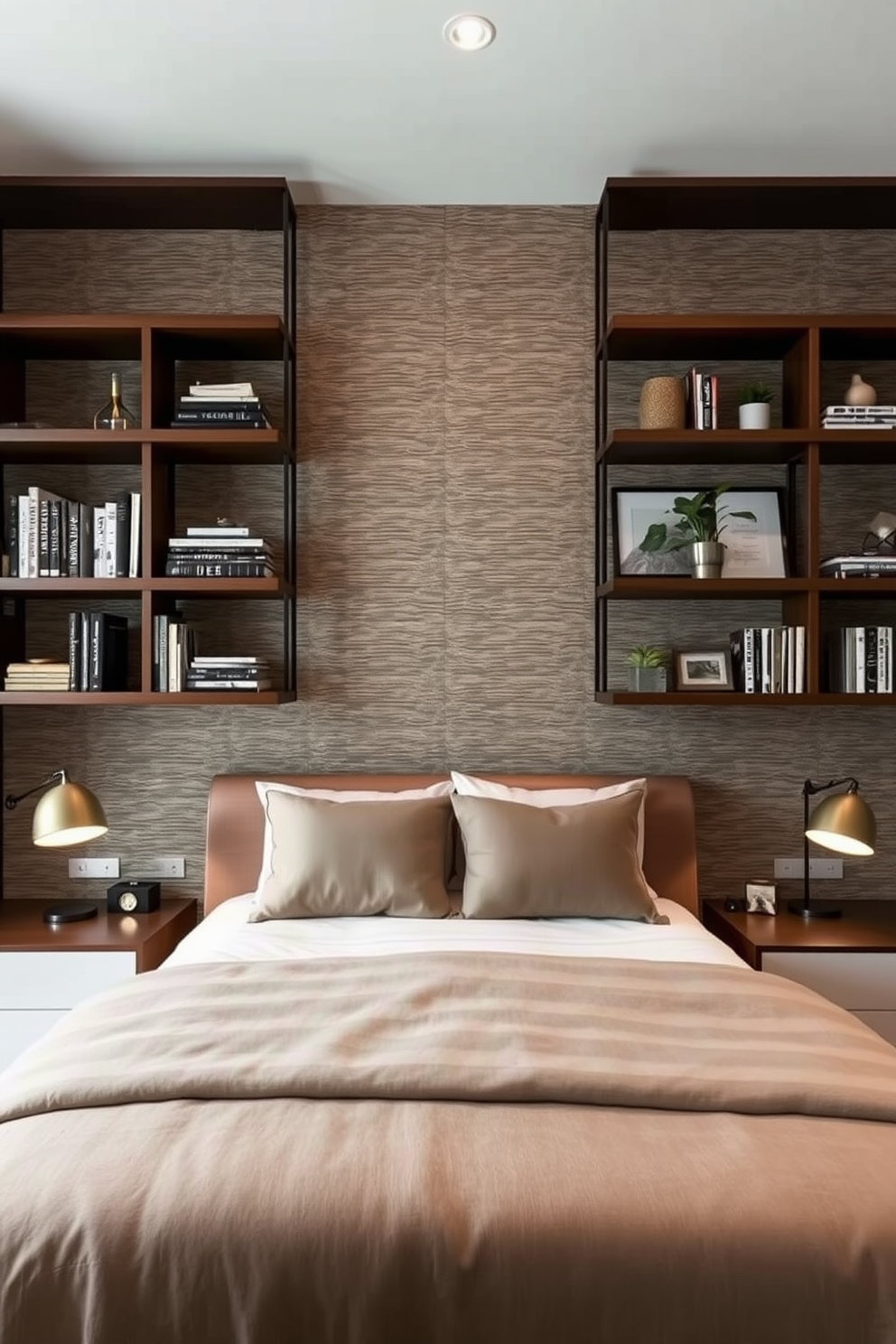 Open shelving is elegantly integrated into a contemporary bedroom design, allowing for personal touches and decorative displays. The shelves are crafted from sleek wood, showcasing curated books, plants, and cherished mementos that reflect the occupant's personality. The bed is centered against a feature wall adorned with a textured wallpaper, creating a cozy focal point in the room. Soft, neutral bedding complements the overall color palette, while stylish bedside lamps provide warm illumination for reading.