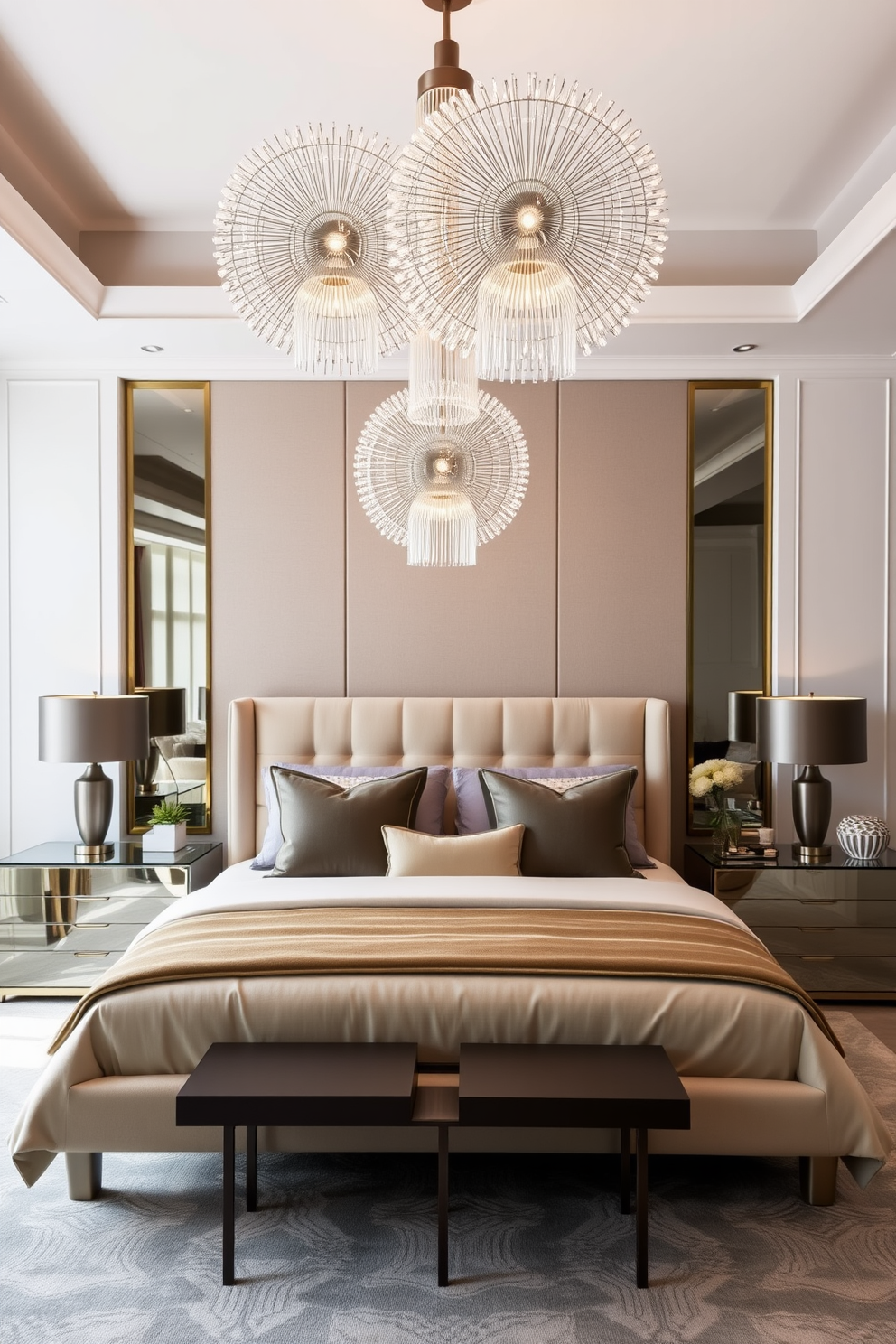 A contemporary bedroom featuring statement lighting fixtures that create a dramatic focal point. The room includes a plush king-sized bed with an upholstered headboard, surrounded by sleek nightstands and modern decor accents.