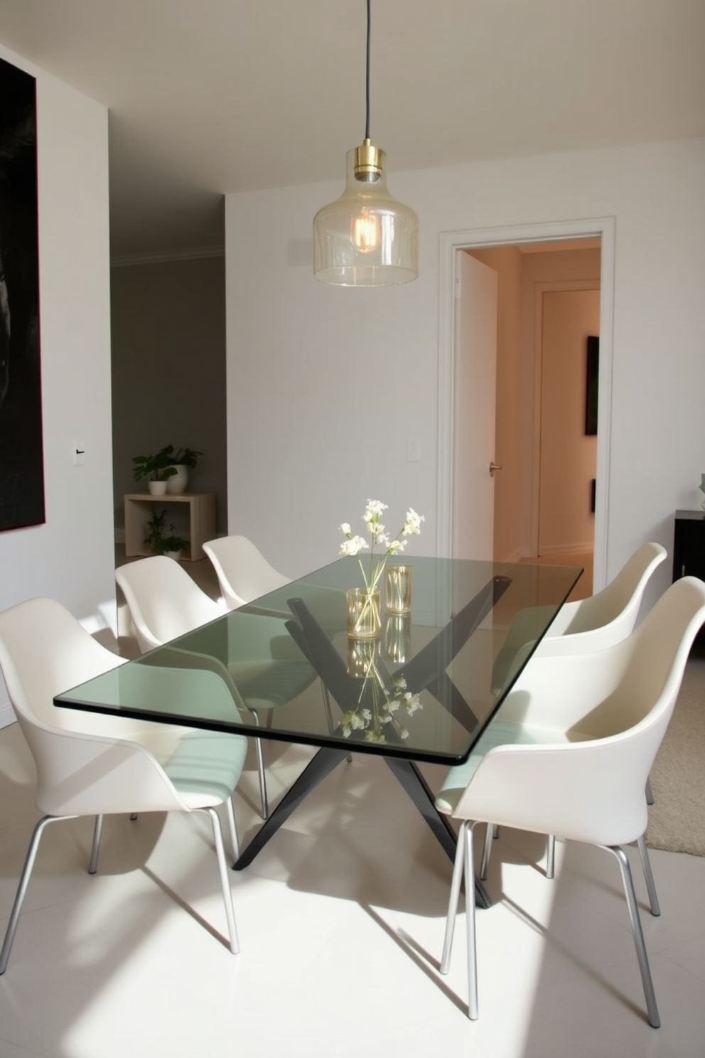 A sleek glass dining table is surrounded by minimalist chairs featuring clean lines and a neutral color palette. The room is accented by a statement light fixture hanging above the table, creating an inviting atmosphere for dining.