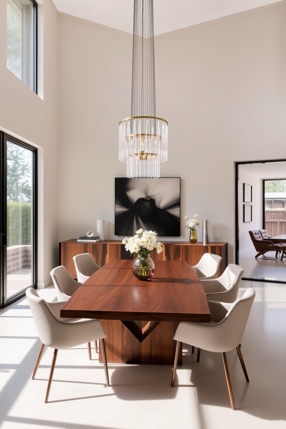 A contemporary dining room filled with natural light from large floor-to-ceiling windows. The space features a sleek wooden dining table surrounded by upholstered chairs in a neutral tone. A statement chandelier hangs above the table, adding elegance to the room. The walls are painted in a soft gray, complemented by a large piece of abstract art.