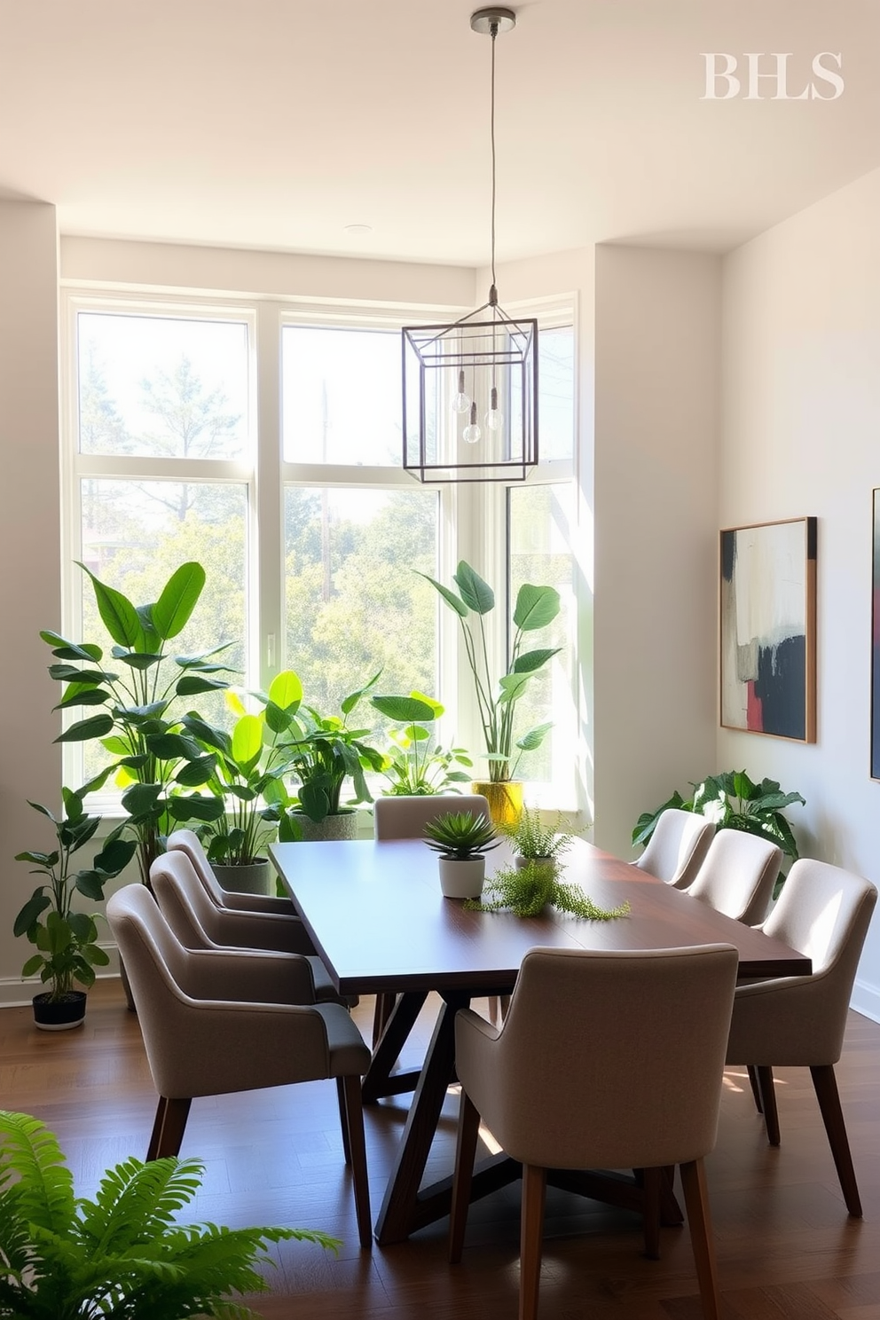 A contemporary dining room features a sleek wooden table surrounded by upholstered chairs in a neutral tone. Large windows allow natural light to flood the space, highlighting a vibrant collection of indoor plants placed strategically around the room for a fresh atmosphere. The walls are adorned with abstract art, and a stylish pendant light hangs above the table, creating an inviting focal point. A lush potted fern sits in the corner, complementing the overall modern aesthetic while enhancing the room's ambiance.