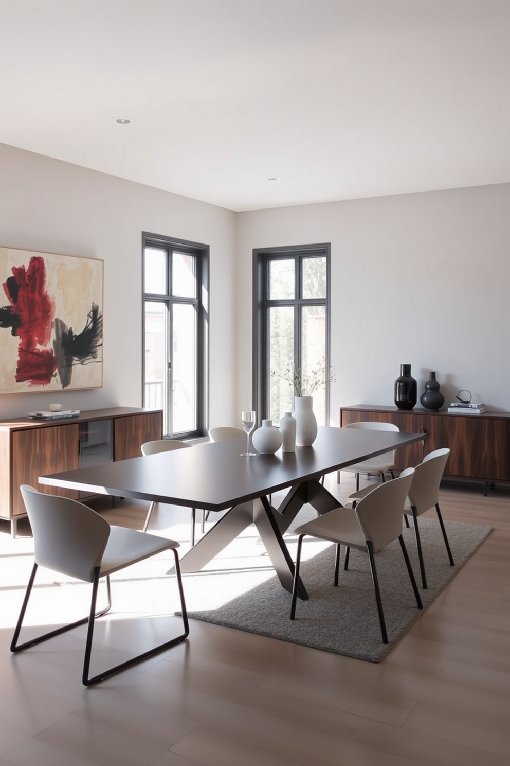 A contemporary dining room featuring a sleek extendable table that can accommodate four to six people. Surrounding the table are stylish chairs with a minimalist design, and a sideboard against the wall provides additional storage. The room is adorned with a large abstract painting that adds a pop of color to the neutral walls. Large windows allow natural light to flood in, enhancing the airy feel of the space.