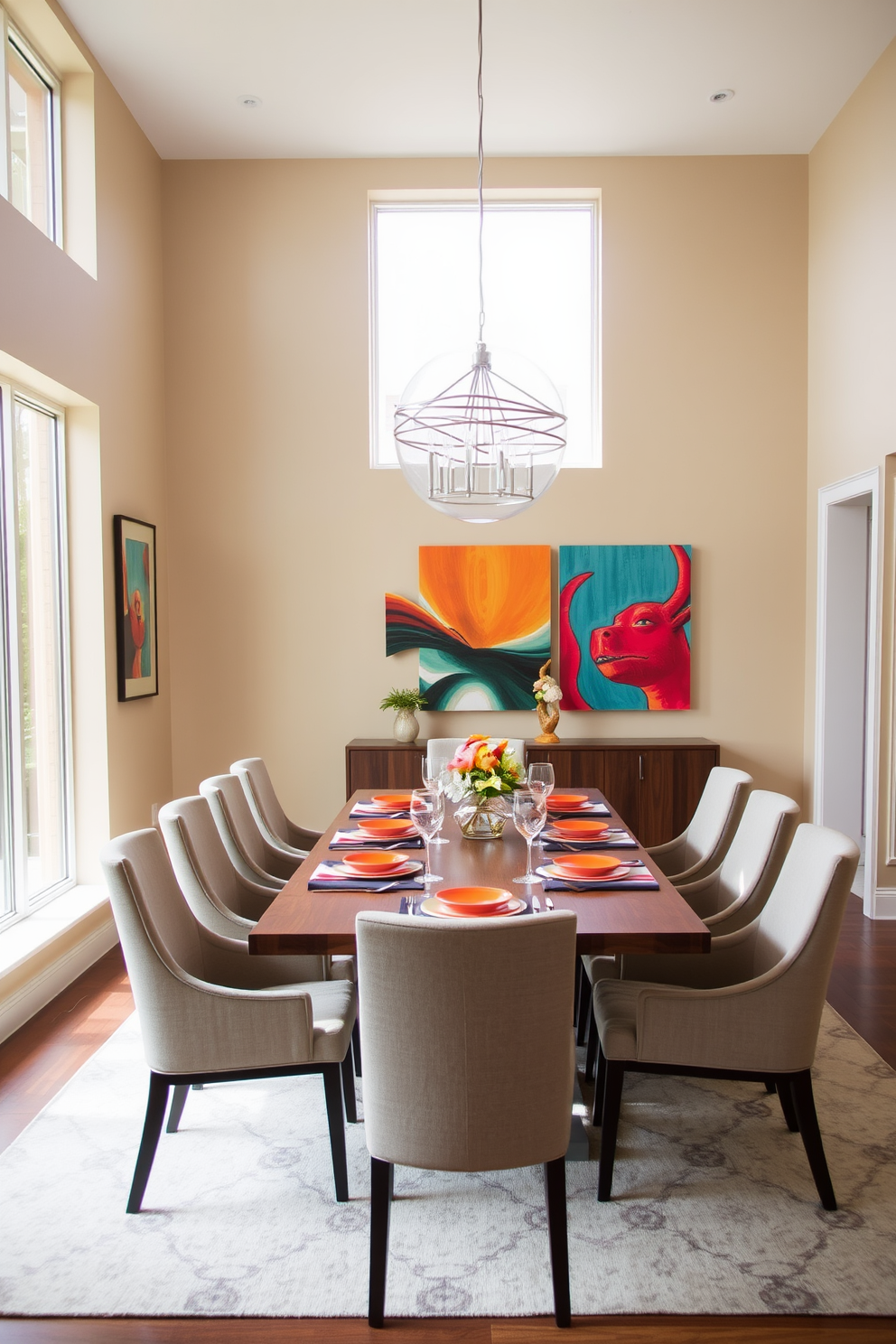 A contemporary dining room features a sleek wooden table surrounded by upholstered chairs in a neutral fabric. The walls are painted in a soft beige, while vibrant artwork and colorful table settings add lively accents to the space. Large windows allow natural light to flood in, enhancing the airy feel of the room. A modern chandelier hangs above the table, creating a focal point that complements the overall design.