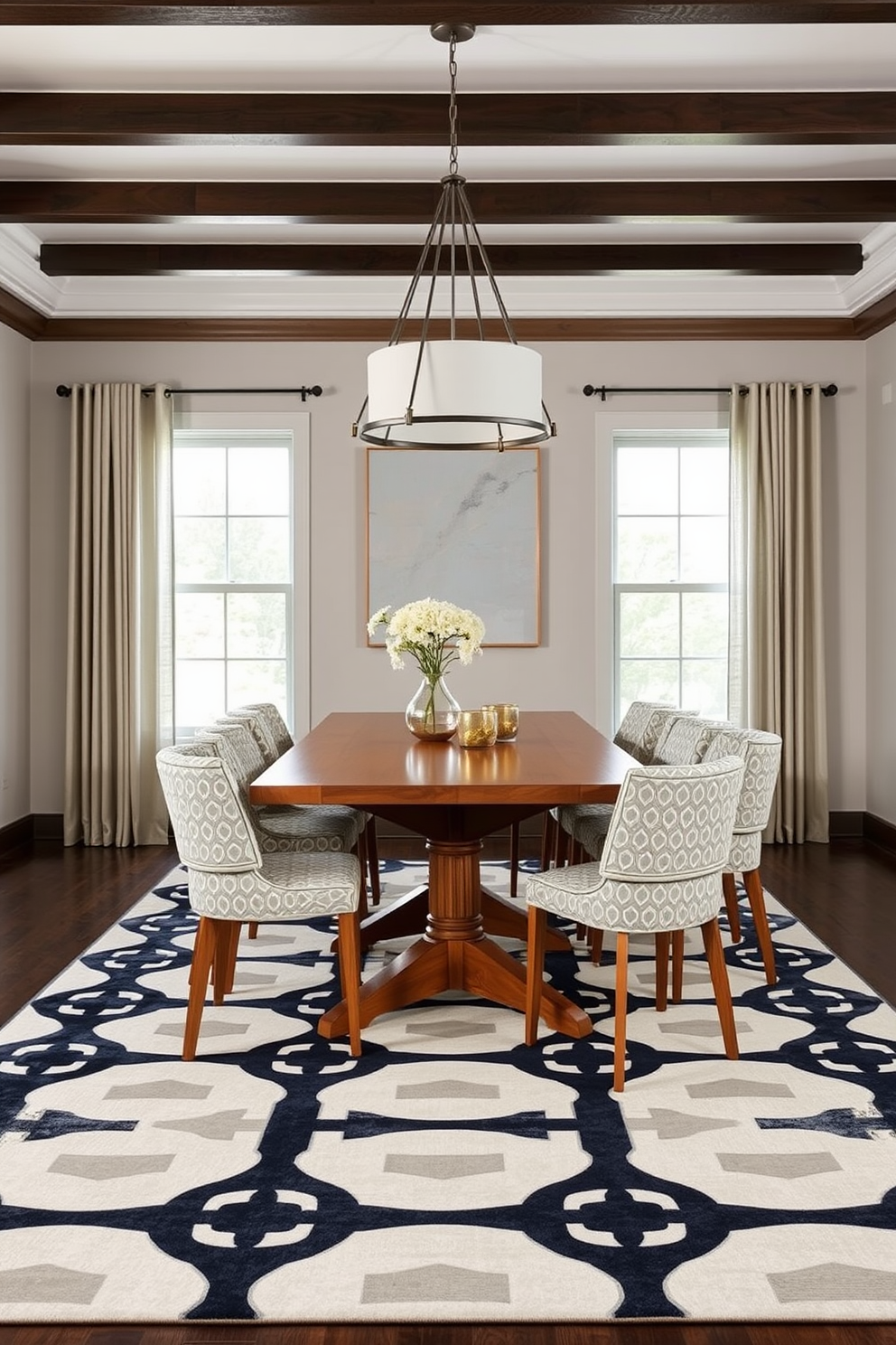 A contemporary dining room featuring a sleek wooden table surrounded by upholstered chairs with geometric patterned fabric. A large area rug with bold geometric designs anchors the space, complementing the modern light fixture that hangs above the table.