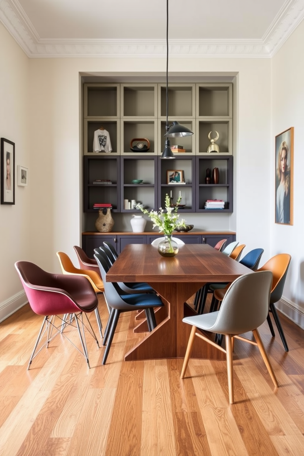 Unique dining chairs in varied styles create an eclectic yet harmonious atmosphere in a contemporary dining room. The space features a sleek wooden table paired with chairs that showcase different materials and colors, enhancing the visual interest of the room.