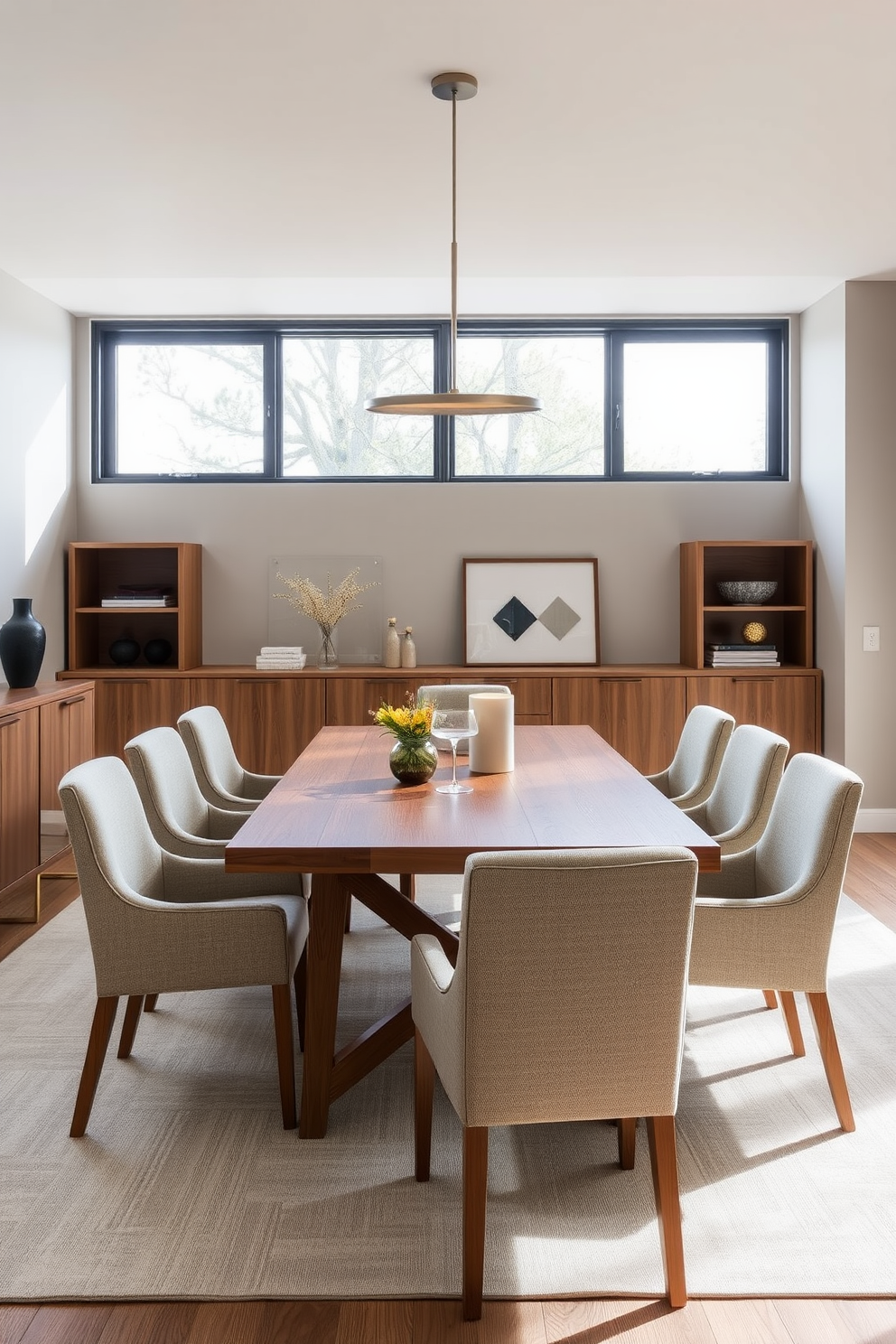 A contemporary dining room features an elegant wooden dining table surrounded by upholstered chairs in neutral tones. Integrated storage solutions are seamlessly incorporated into the design with a sleek sideboard that offers both style and functionality. The walls are painted in a soft gray, creating a calming backdrop for the space. Large windows allow natural light to flood in, enhancing the warm ambiance of the room.