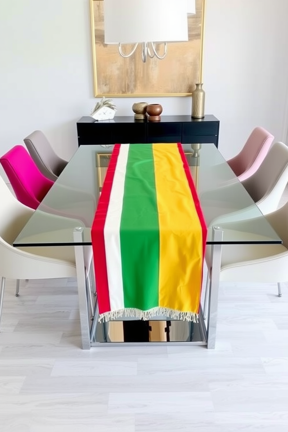 A contemporary dining room featuring a bold table runner with contrasting colors draped elegantly across a sleek glass table. Surrounding the table are modern upholstered chairs in complementary hues, creating a vibrant yet cohesive atmosphere.