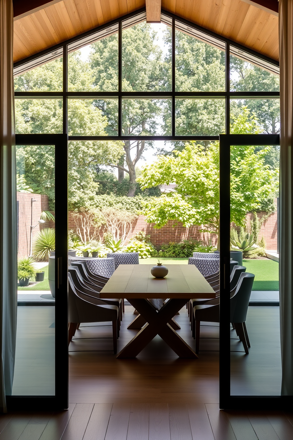 A contemporary dining room features glass sliding doors that open to a lush outdoor space, allowing natural light to flood the area. The dining table is a sleek wooden design surrounded by upholstered chairs, creating a warm and inviting atmosphere.