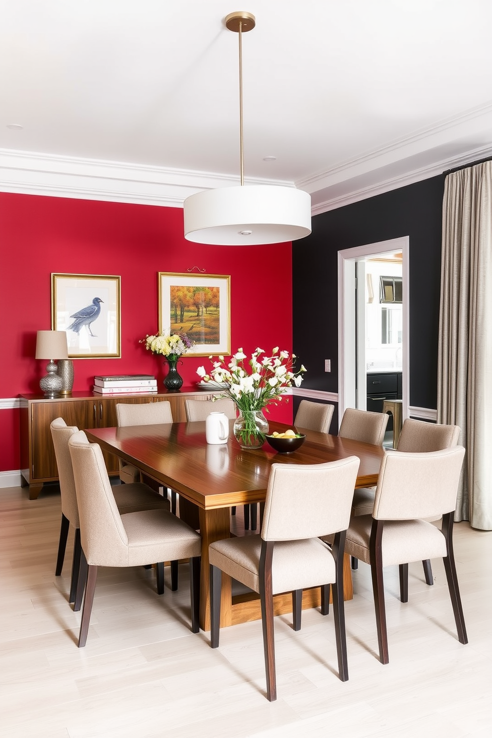 A contemporary dining room featuring a large bold artwork piece as the focal point on the main wall. The space is adorned with a sleek rectangular dining table surrounded by modern upholstered chairs in neutral tones. Natural light floods in through expansive windows, enhancing the vibrant colors of the artwork. A stylish pendant light hangs above the table, adding an elegant touch to the overall ambiance.