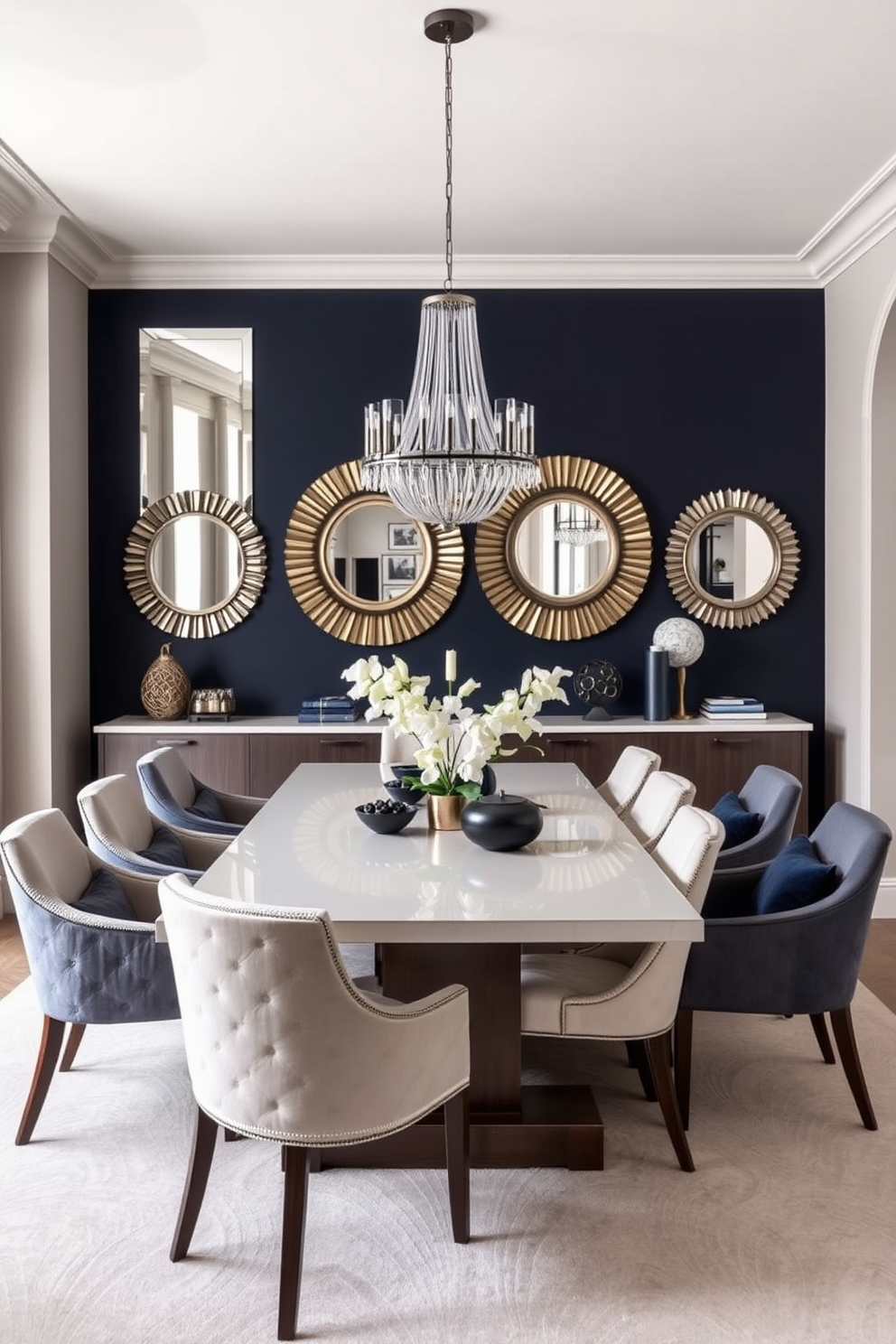 A contemporary dining room features a sleek rectangular table with elegant upholstered chairs around it. Accent mirrors are strategically placed on the walls to enhance space perception and reflect natural light. The color palette includes soft neutrals with pops of deep blue in the decor. A statement chandelier hangs above the table, adding a touch of sophistication to the overall design.