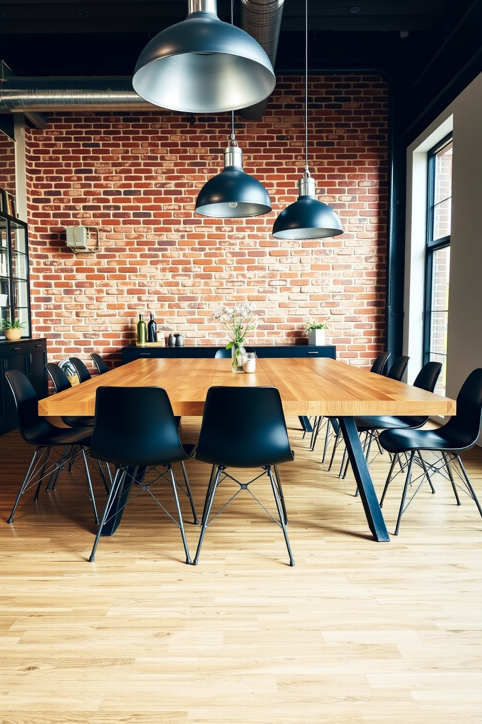 A contemporary dining room featuring a large wooden table with metal legs surrounded by sleek black chairs. The walls are adorned with exposed brick, and large industrial-style pendant lights hang from the ceiling, casting a warm glow over the space.