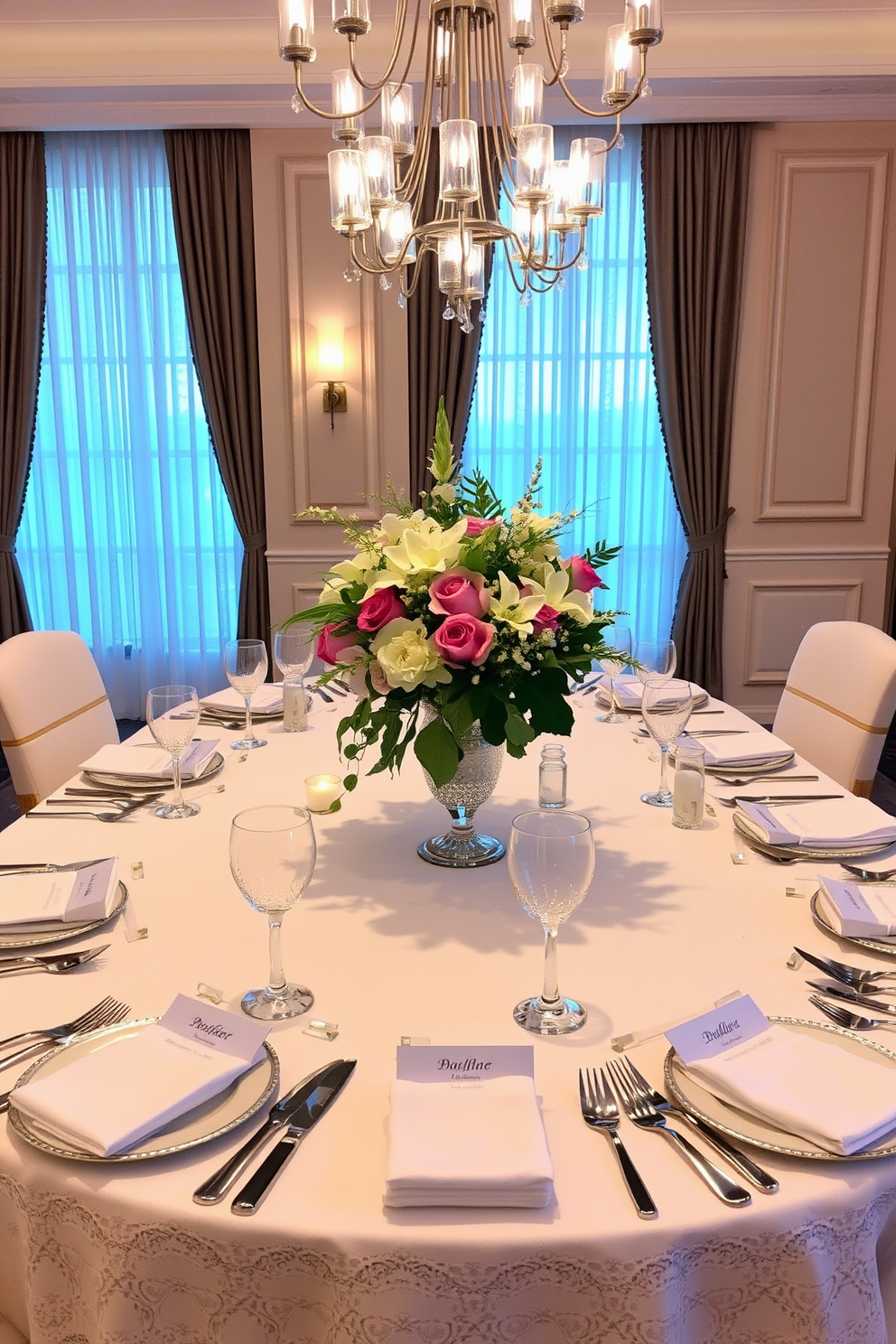 An elegant dining table is set for a special occasion, featuring a crisp white tablecloth adorned with delicate lace. Fine china plates are arranged with polished silverware, and crystal glassware reflects the soft glow of candlelight. The centerpiece is a lush floral arrangement in a stunning vase, surrounded by decorative elements like elegant napkin rings and place cards. The room is illuminated by a modern chandelier, enhancing the sophistication of the contemporary dining space.